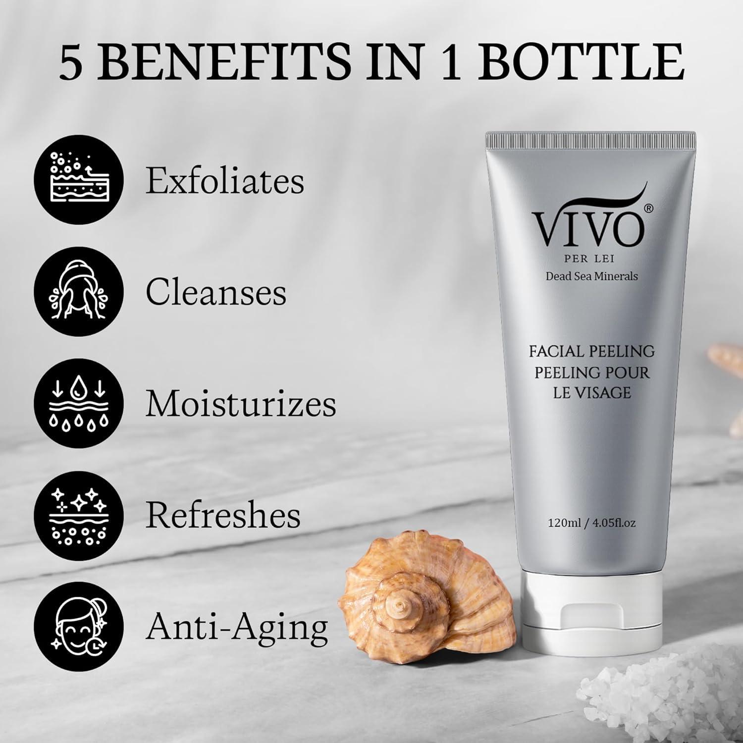 Vivo Per Lei Vivo Per Lei Facial Peeling Gel - Contains Dead Sea Minerals and Nut Shell Powder - Gentle Face Exfoliator Scrub and Blackhead Remover - Pack of 3