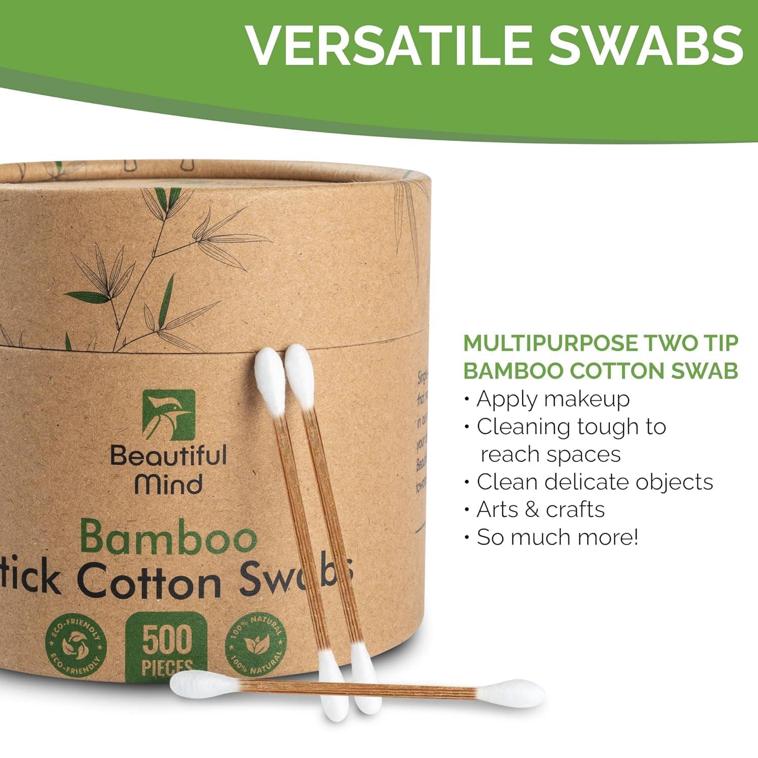 Beautiful Mind Beautiful Mind Bamboo Cotton Swabs for Ears  500 Pack  Qtips with Carbonized Bamboo for Durability  Eco-Friendly, Biodegradable & Vegan  100% Organic Cotton Ear Swabs for Makeup