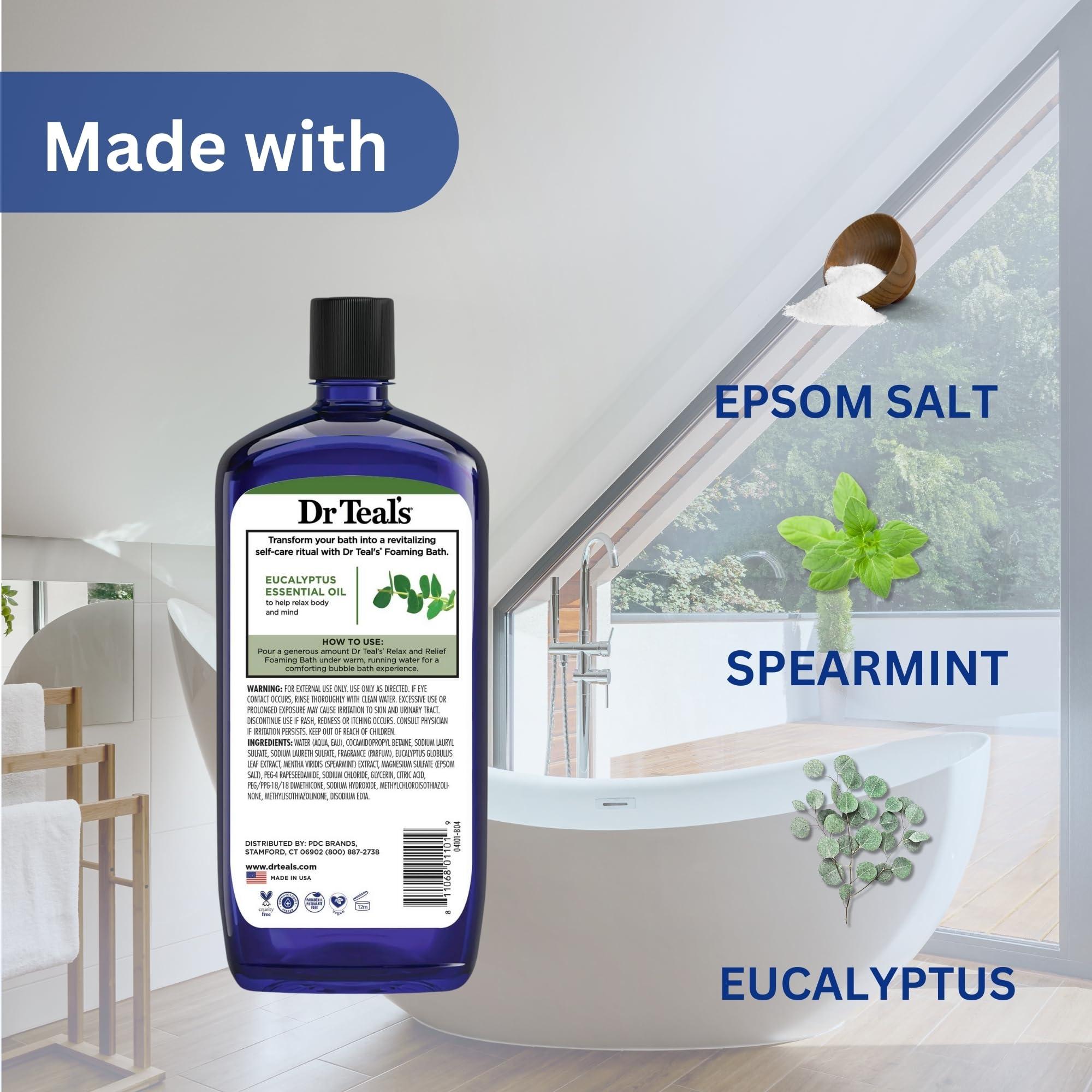 Variety Junction Dr. Teal\'s Eucalyptus and Spearmint Foaming Bath 34oz Bottles (Pack of 2) with Variety Junction Premium Bath Sponge - Relax and Relief, Bubble Bath, Relaxing, Men\'s and Women\'s