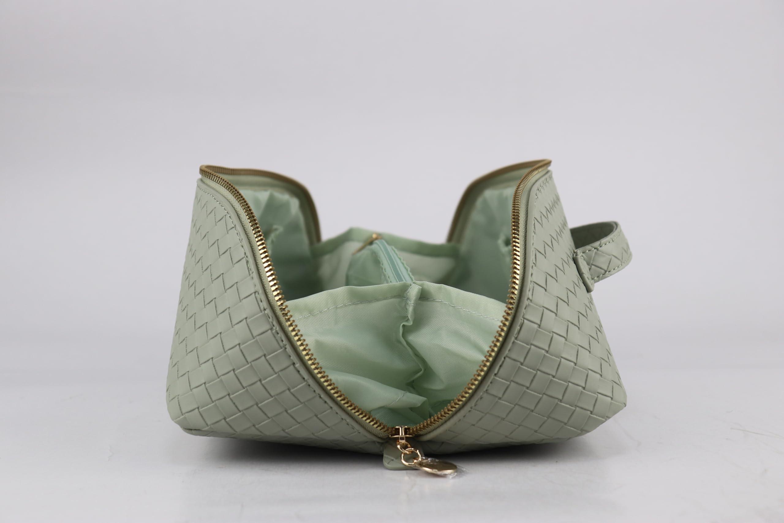 Generic Large Capacity Makeup Bag, PU Leather Makeup Bag Organizer, Toiletry Bag for Women, Travel Makeup Bag with divider, Cosmetic Bags for Women, Leather Waterproof Cosmetic Bag, Open Flat Design (Green)