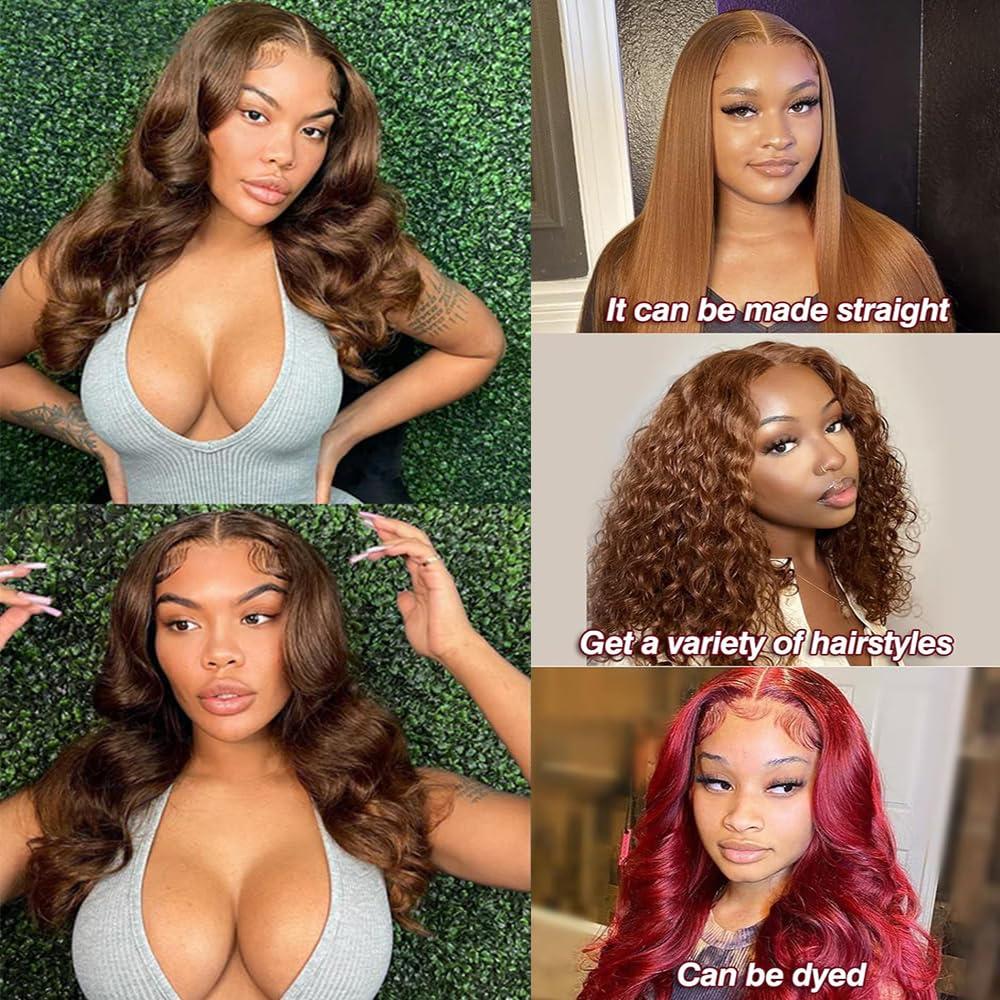 Fongly 26 Inch Chocolate brown Lace Front Wig Human Hair 13x6 HD Transparent Body Wave Lace Front Wigs Human Hair Pre Plucked Glueless Frontal Brown Wig Human Hair 200% Density Colored #4 Human Hair Wigs