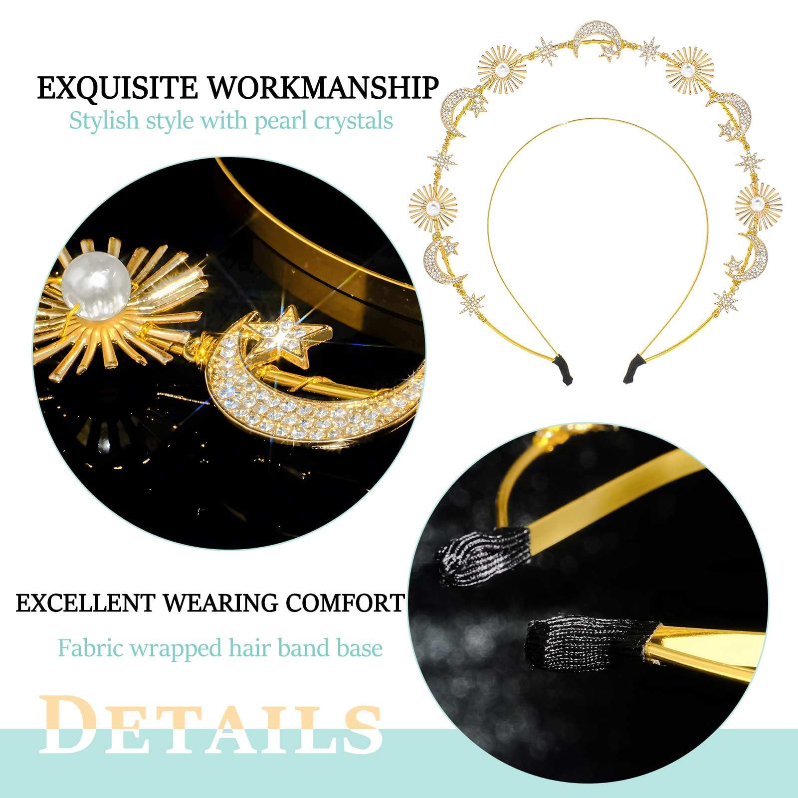 Wosois Wosois Gold Hair Band Rhinestone Hair Bands Crystal Double Loop Hair Bands Sun Star Moon Goddess Statue Hair Bands Seaside Vacation Photography Party Hair Band Accessories (Gold, Free)