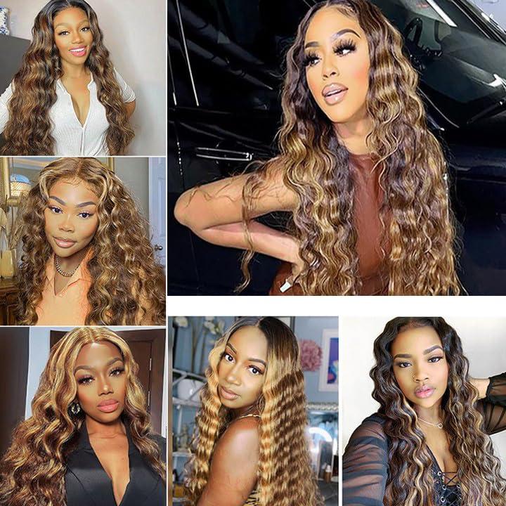 NiegMeag P1B/27 Human Hair Bundles Highlight Deep Wave Bundles Brazillian Grade 8A Virgin Human Hair Mixed Length 3 Bundles 28 30 32 Inch 2 Tone Black Mixed With Honey Blonde Bundles