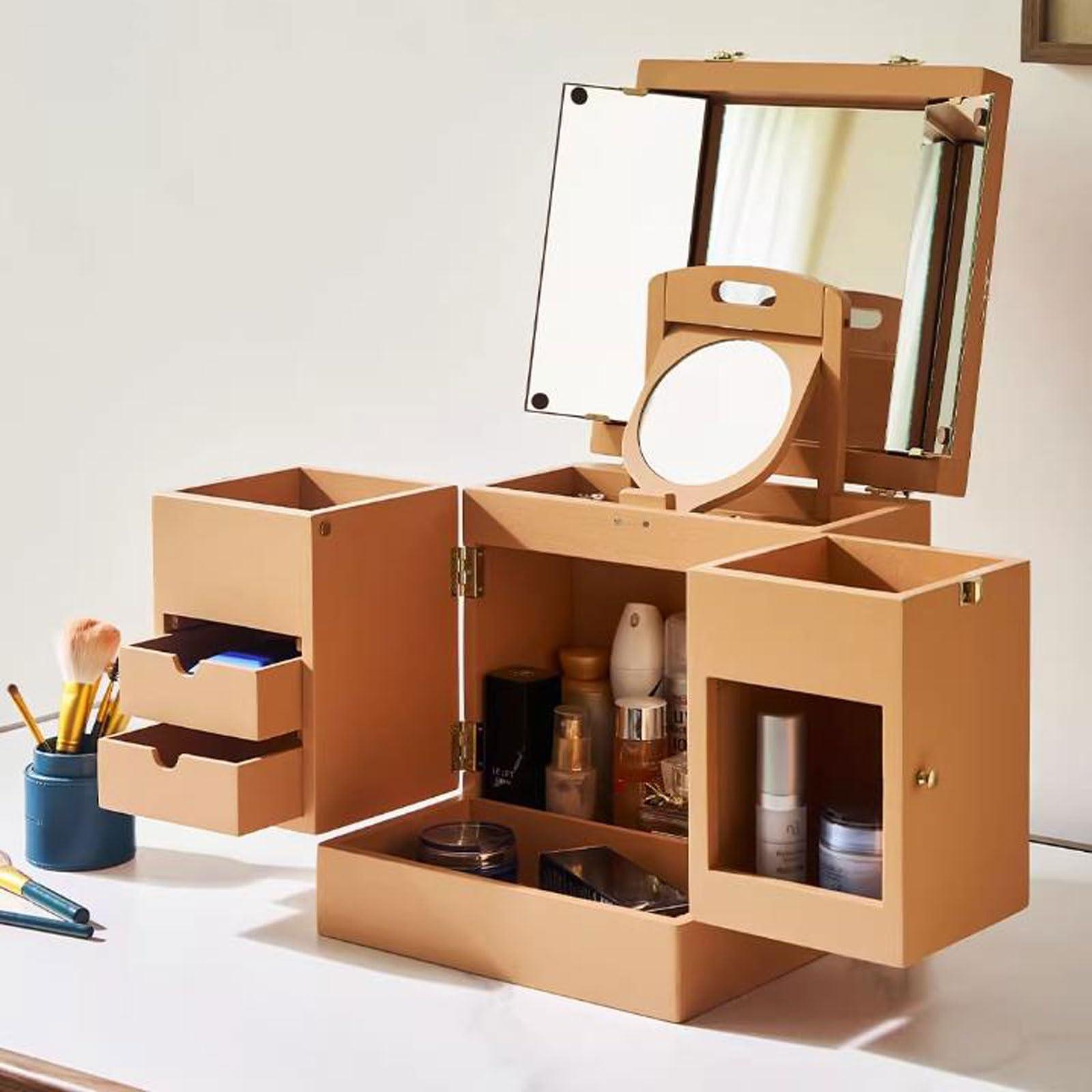 ZHFytsh-0668 Cosmetic Storage box Solid Wood Makeup Organizer Box,Portable Large Capacity Skincare Storage Cabinet with Mirror, Cosmetic Display Case with Drawers, Brush Perfume Jewelry Lipsticks Holder, Multi-F