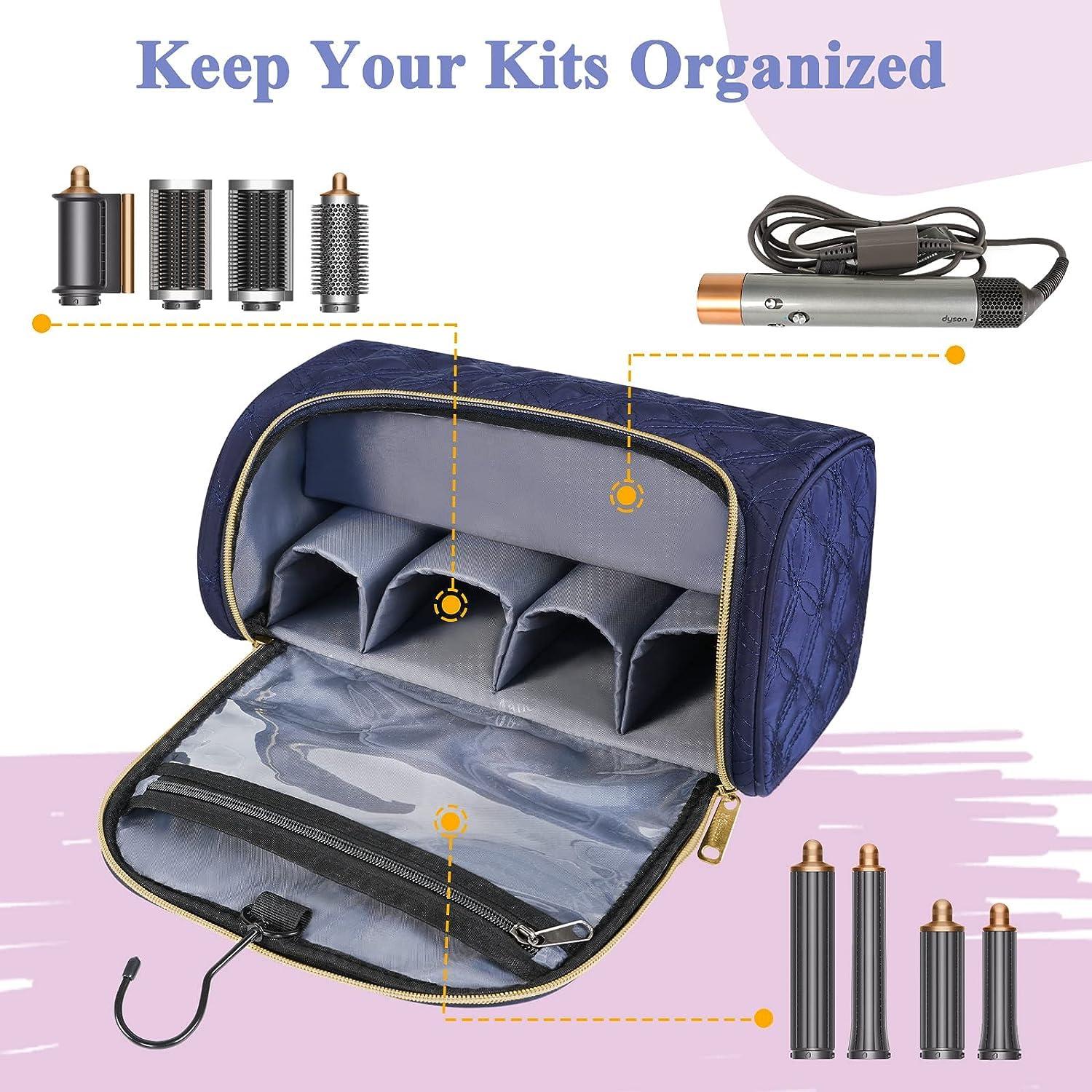 Mancro Padded Travel Case Compatible with Dyson Airwrap Complete Styler and Attachments, Portable Storage Bag with Metal Hanging Hook for Airwrap All Models, Long Barrels, Hair Curler Accessories, Blue+Black