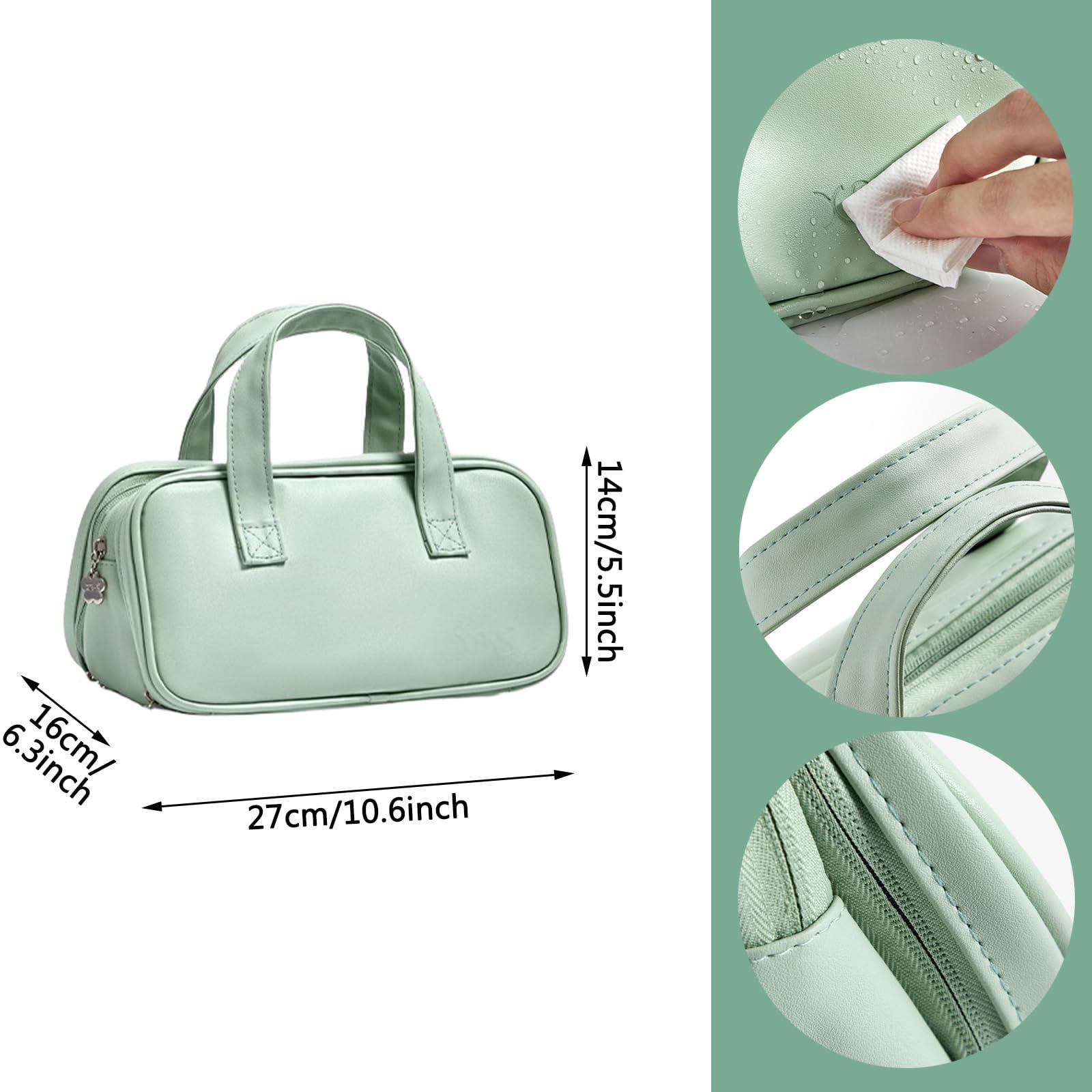 HACLEN Leather Cosmetic Bag, Makeup Bags for Women, Vanity Bag Travel Large Toiletry Bag Make Up Bag with Handle and Divider,Blue