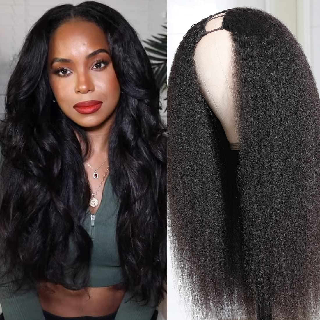 Nadula Nadula Kinky Straight U Part Wigs Human Hair for Women,Brazilian Glueless Upart Yaki Straight No Sew in No Glue Beginner Friendly Wigs Natural Black Color 18inch