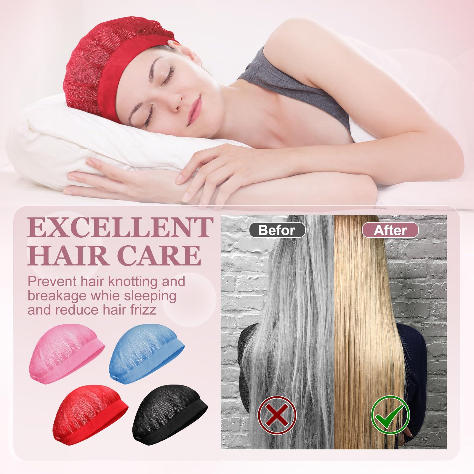 Chuarry Chuarry 4 Pcs Mesh Sleep Bonnet for Sleeping Night Curly Hair Nets Sleep Caps for Women(Red, Pink, Light Blue, Black)