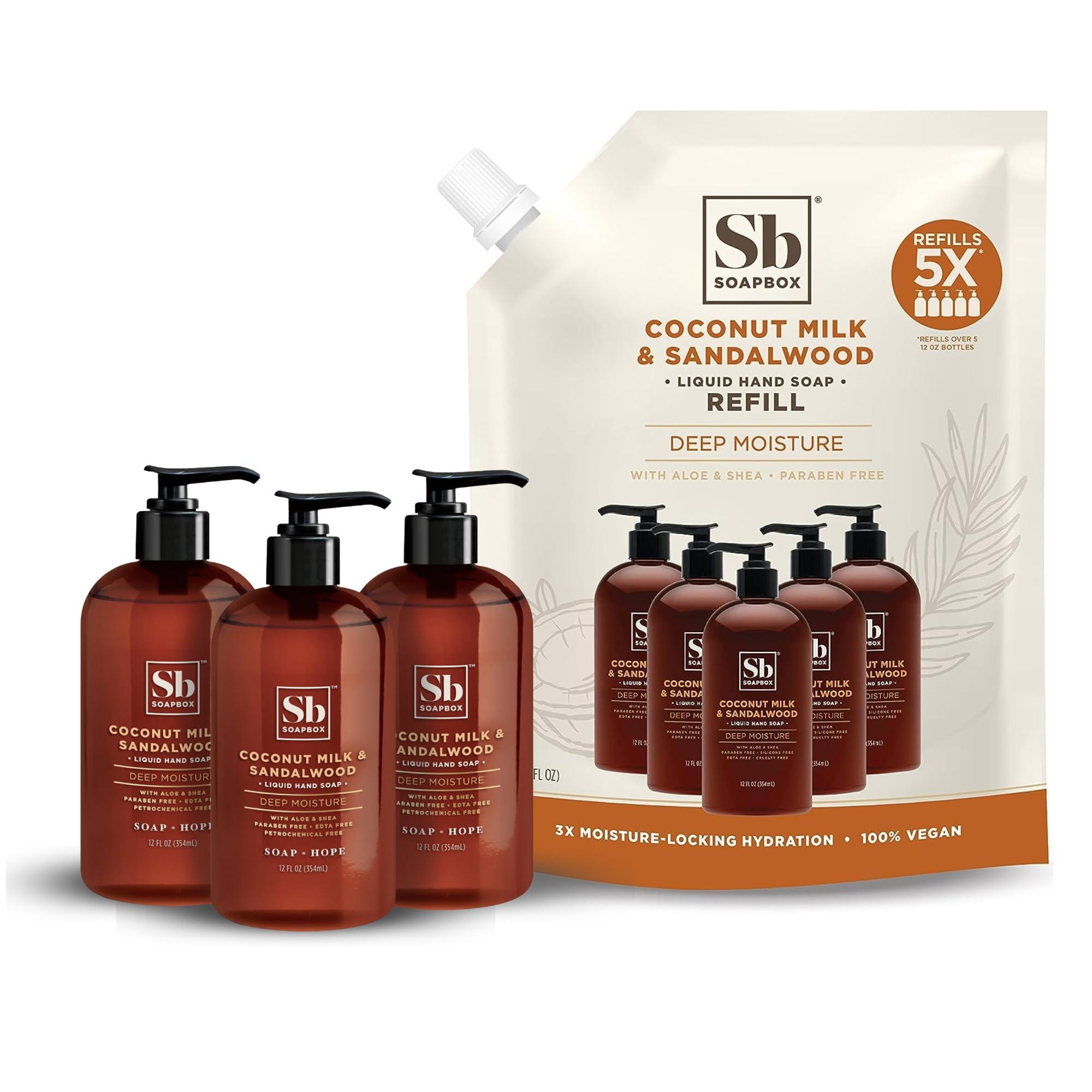 Soapbox Soapbox Coconut Milk & Sandalwood Liquid Hand Soap Combo Pack, 3 Pack of 12oz Bottles + 64oz Half Gallon Refill