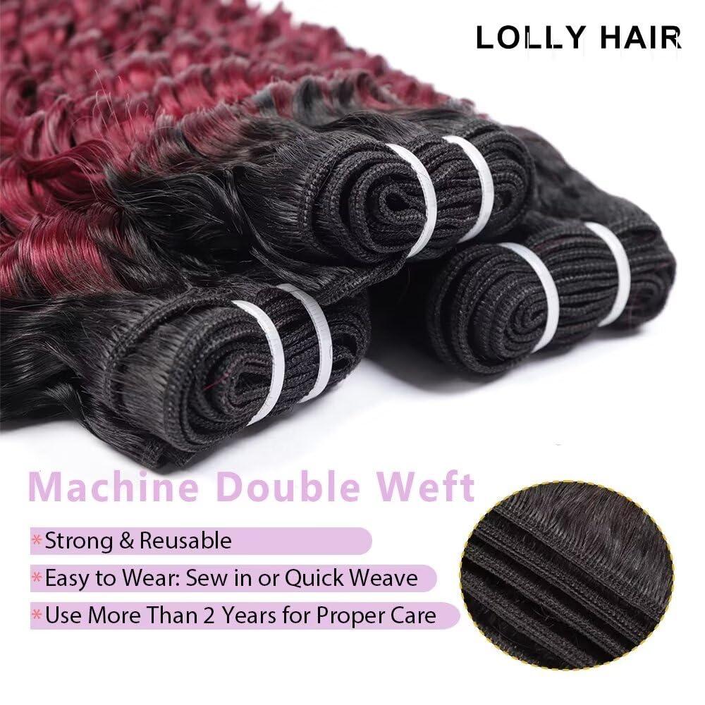 LOLLY HAIR Burgundy Bundles Human Hair 22 Inch T1B/99J Deep Wave Ombre Human Hair Bundles 10A Brazilian Virgin Wet And Wavy Curly Bundles Human Hair Red Water Wave Bundles 2 tone Black to 99J Burgundy