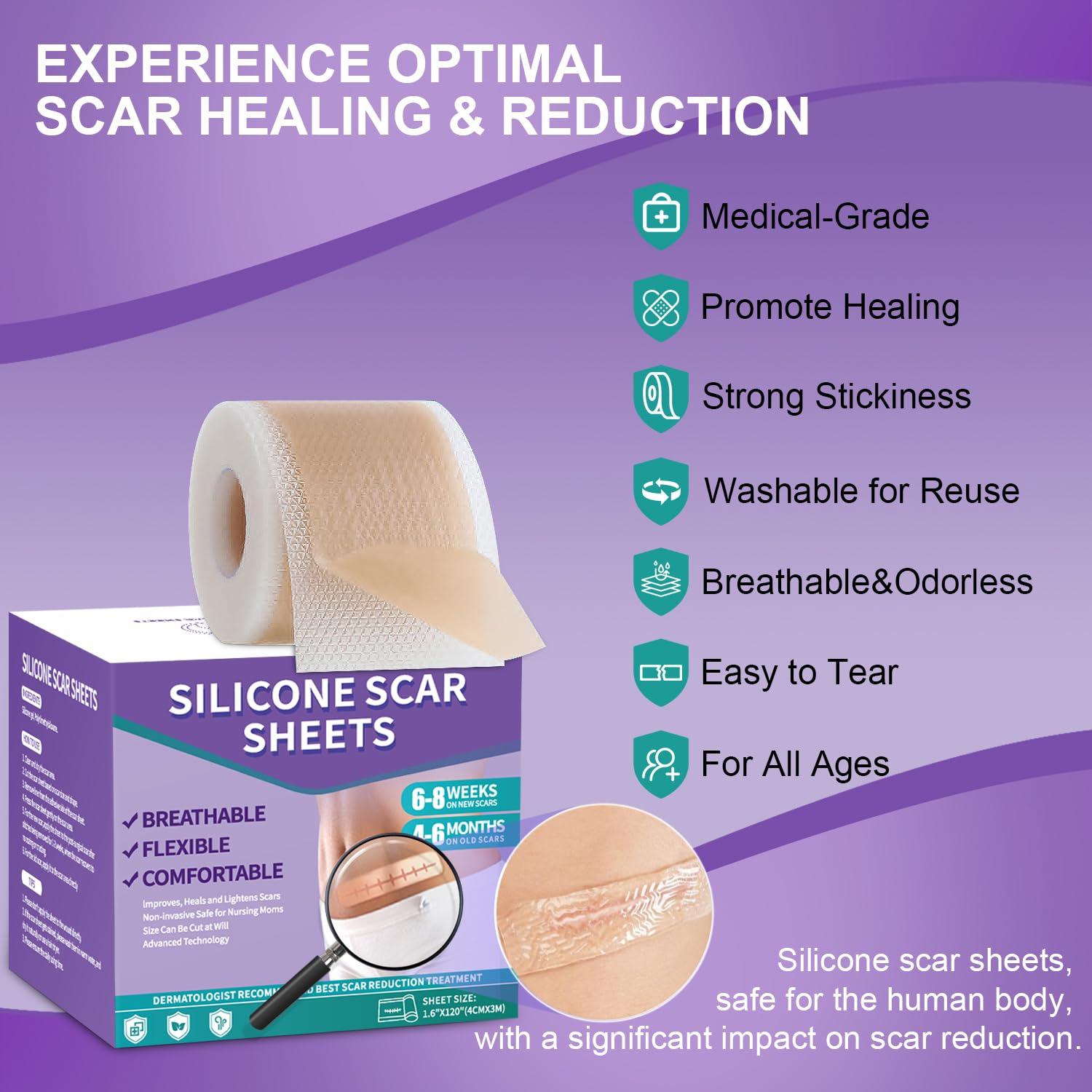 Mitgary Silicone Scar Sheets, Medical Grade Silicone Scar Tape (1.6\" x 120\"), Professional Scar Removal Treatment, Reusable, for Healing Keloids, Surgeries Scars, C-sections, and Burns