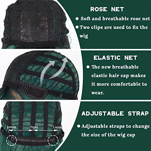 MERISIHAIR MERISIHAIR Long Dark Green Wig with Bangs,Ombre Curly Green Wig for Women,Long Dark Green Cosplay Wig Synthetic Natural Looking for Daily and Party