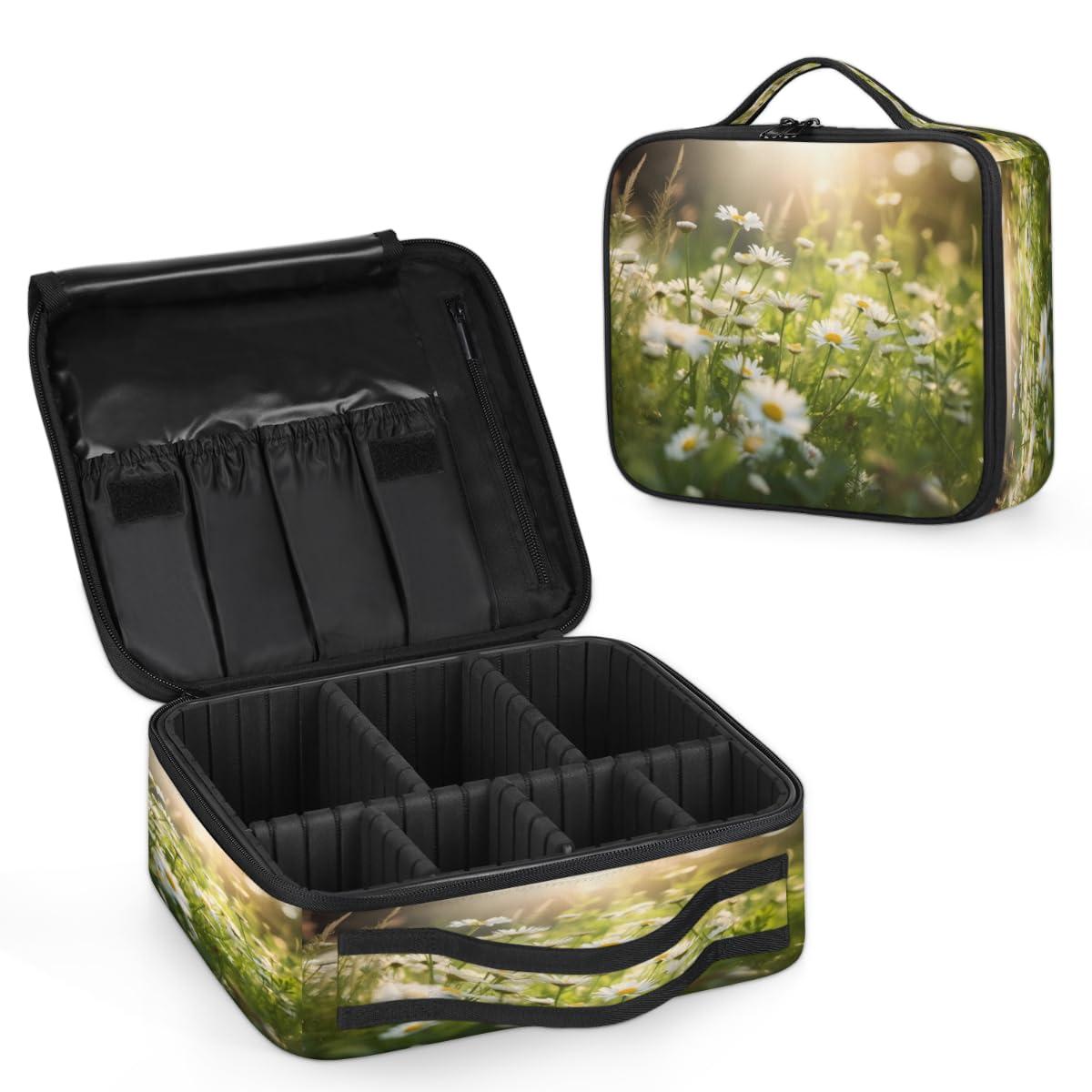 Funky Qiu Funky Qiu Daisy Flower Field Travel Makeup Train Case Makeup Comestic Bag Organizer Portable Artist Comestic Brush Organizer with Adjustable Dividers for Woman Girls