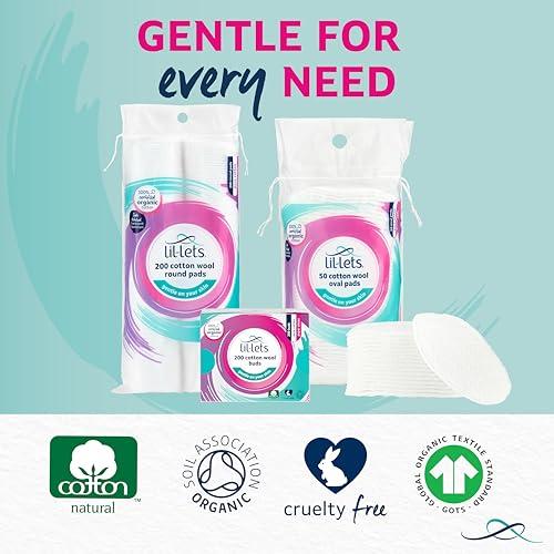 Lil-Lets Lil-Lets Cotton Wool Oval Pads, Certified Organic, 100% Pure Cotton Wool, Extra Large, Soft and Absorbent, Gentle on Skin, Dermatologically Tested, Pack of 50 Oval Pads