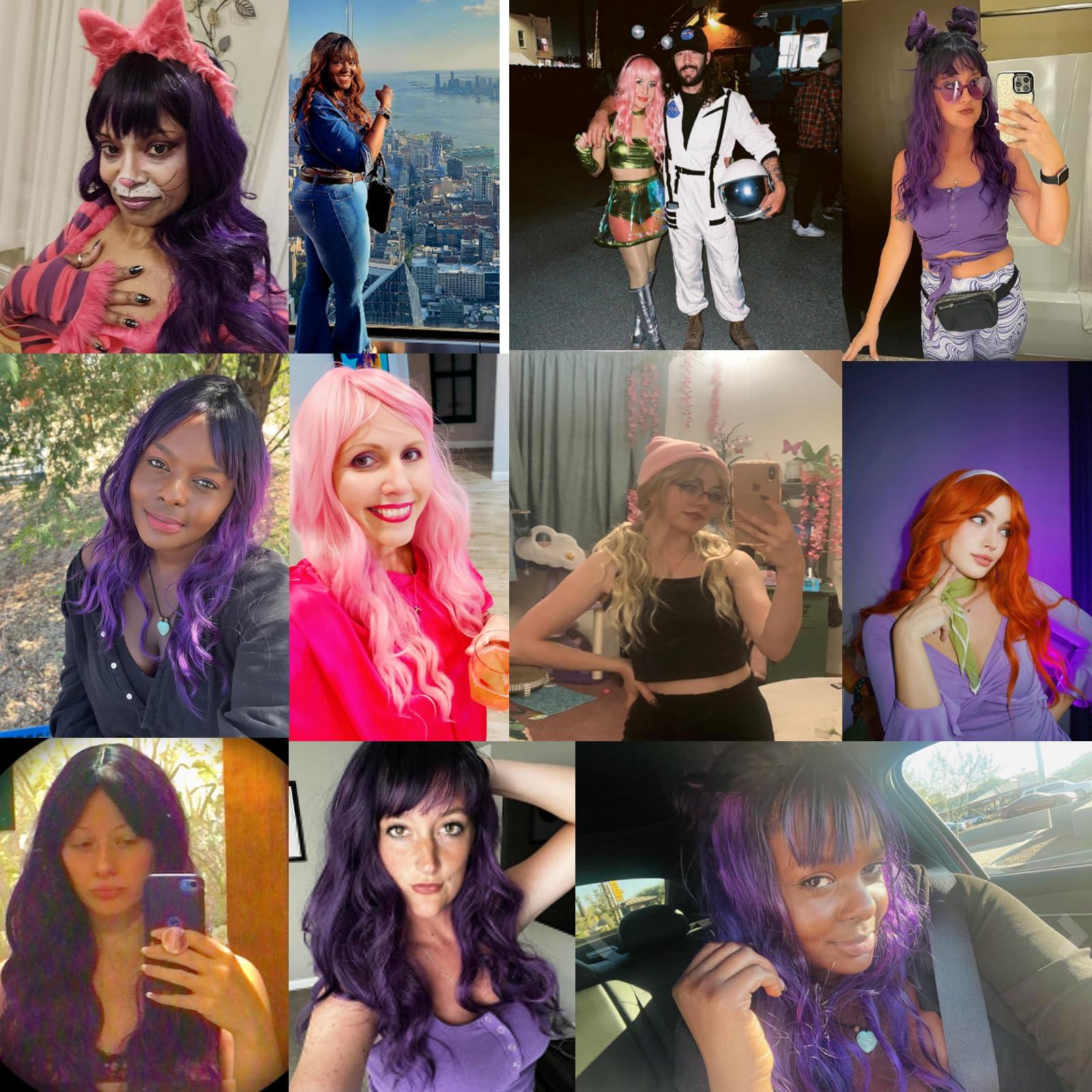 Petelf Long Purple Wigs for Women Ombre Dark Purple Wig with Bangs Dark Roots Wet and Wavy Wig Heat Resistant Glueless Synthetic Hair Replacement Cosplay Wig (Purple)