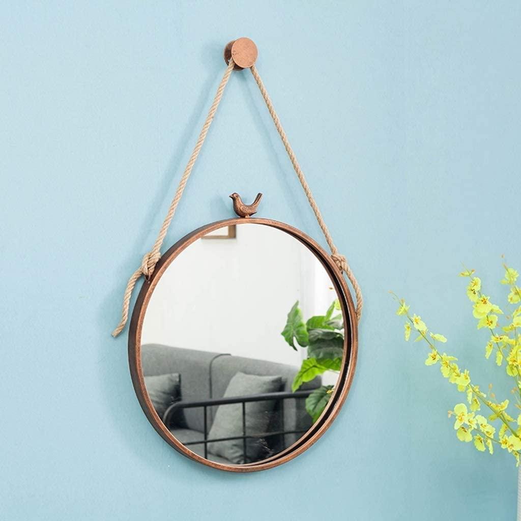 KAABETO Creative Bathroom Mirrors with Bird Wall-Mounted Vanity Mirrors Round Iron Make-up Cosmetic Wall Hanging Strap Mirror for Living Room,Bedroom,30-70cm Available