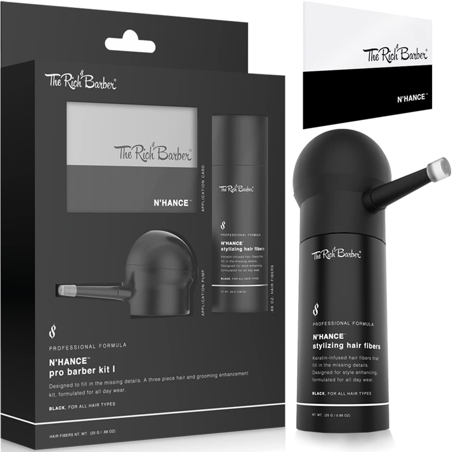 The Rich Barber The Rich Barber N'Hance Pro Barber Kit I - Professional 3-in-1 Hair & Beard Styling Set - Keratin-Infused Hair Building Fibers, Applicator Pump, Application Card - Hairline Enhancer & Volumizing Spray