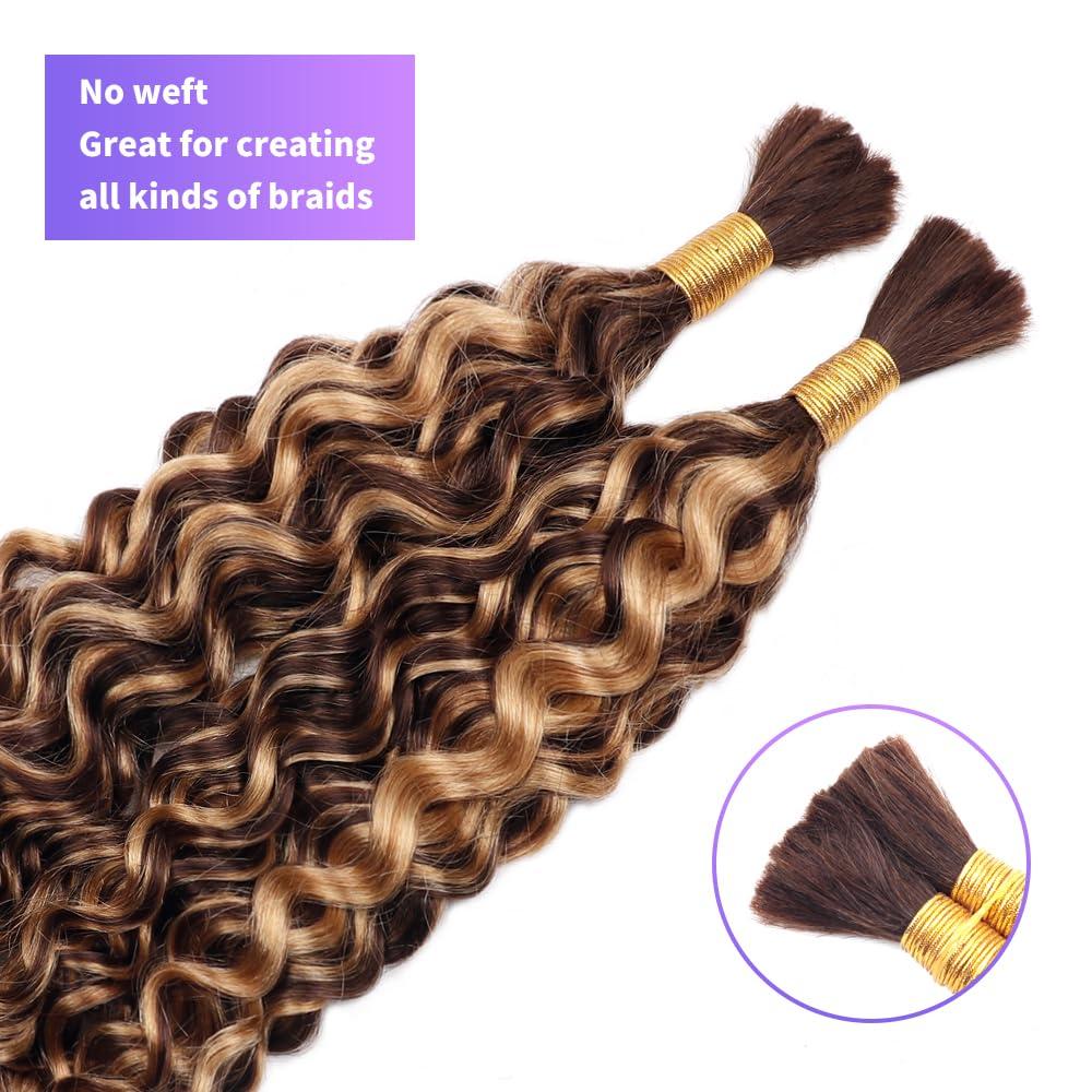 kloiynj Human Braiding Hair Water Wave Bulk Human Hair For Braiding 100g (1pack-2bundles) No Weft 100% Unprocessed Virgin Human Braiding Hair For Boho Braids Water Wave Micro Braiding Human Hair 16inch #4/27