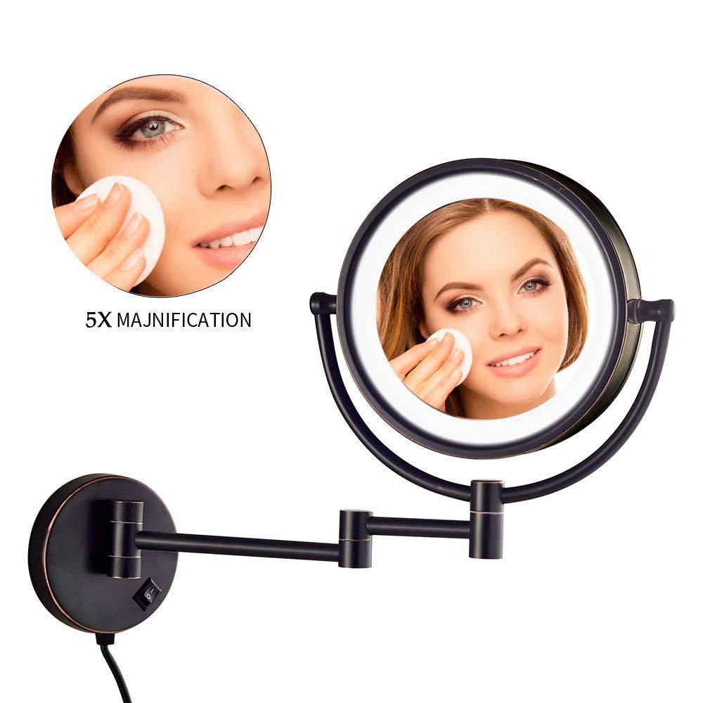 RomildaYuan RomildaYuan Wall Mount Makeup Mirror 5X Magnifcation with Lights, Wall Mount Vanity Mirror Oil Rubbed Bronze, Double Sided Bathroom Magnifying Mirror LED Lighted with Plug, 8.5 Inch, Brass