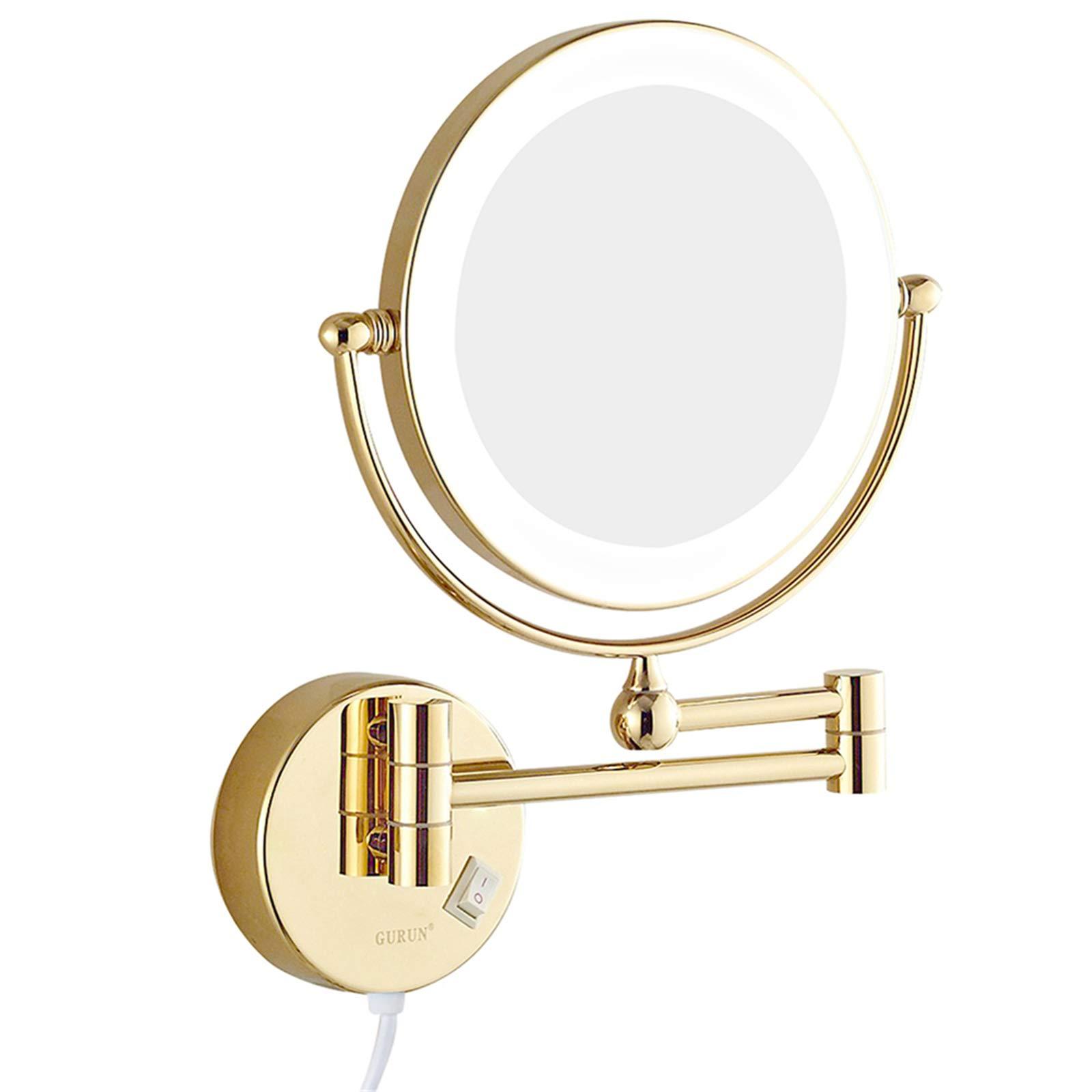 DMNSDD 8 Inch Gold Makeup Mirror, Double Sided Magnification Mirror with LED Light, Bathroom Extendable Wall-Mounted Vanity Shaving Mirror with Switch Plug,10x