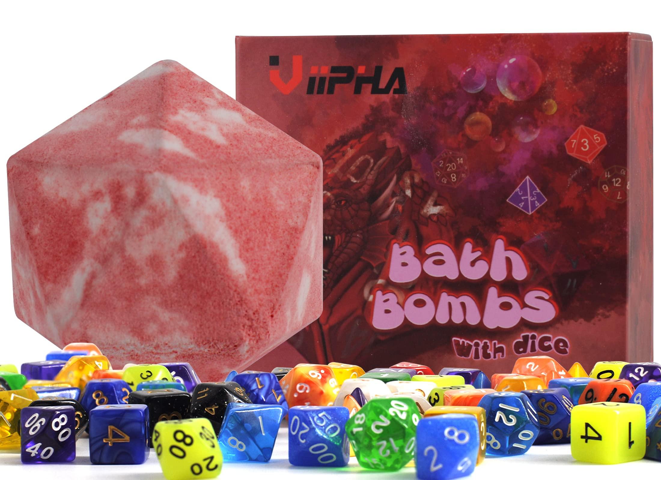 VIIPHA Huge D20 Bath Bombs with Full Surprise Set of Polyhedral Dice Inside, D&D Inspired Dragon Blood Bath Bomb 11oz with Gift Box - Perfect for Dungeon Master, Player and Tabletop RPG Nerd