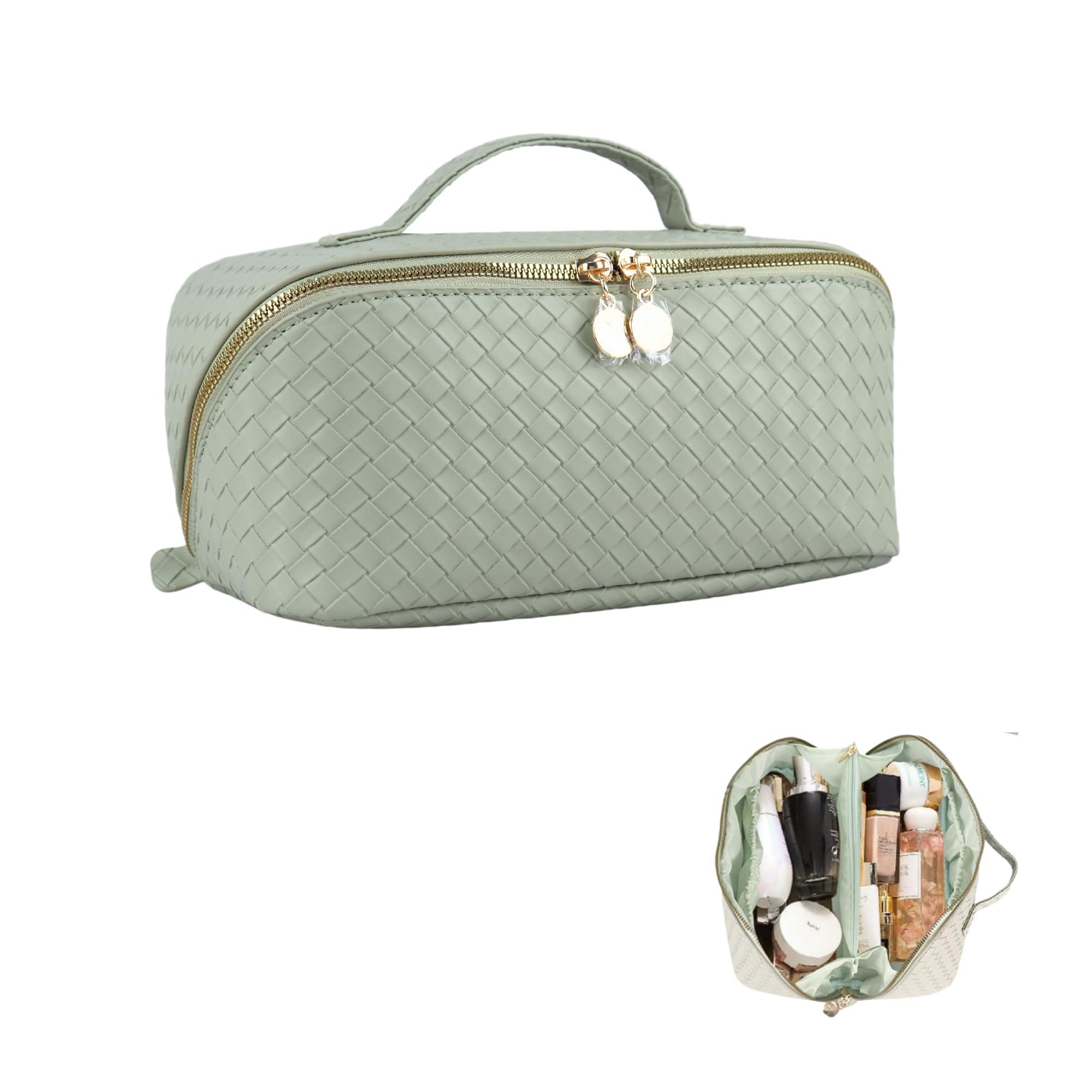 Generic Large Capacity Makeup Bag, PU Leather Makeup Bag Organizer, Toiletry Bag for Women, Travel Makeup Bag with divider, Cosmetic Bags for Women, Leather Waterproof Cosmetic Bag, Open Flat Design (Green)