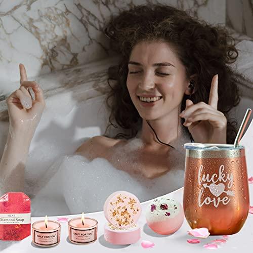 WOZUTUNT Valentine Gifts For Women Best Friend, Pink Relaxing Spa Gift Box Basket For Her, Unique Gifts for Women Mom Sisters Wife Girlfriend Who Have Everything, Happy Birthday Tumbler Bath Gift Boxes Set
