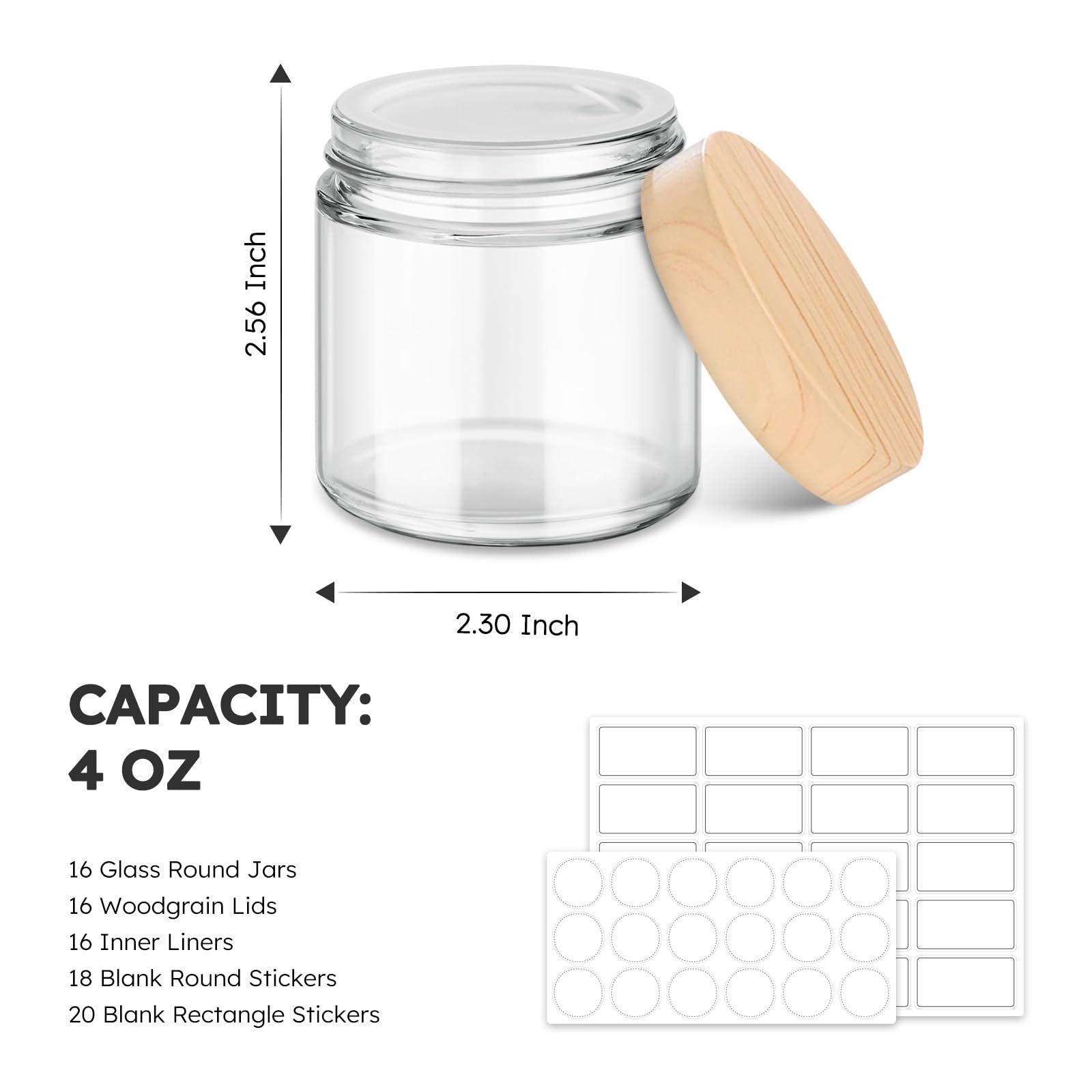 Tecohouse Small Glass Containers with Lids, 4 oz Glass Jars with Plastic Woodgrain Lids & Inner Liners, Reusable Travel Containers for Creams, Makeup, Lotion, Cosmetic - 16 pack