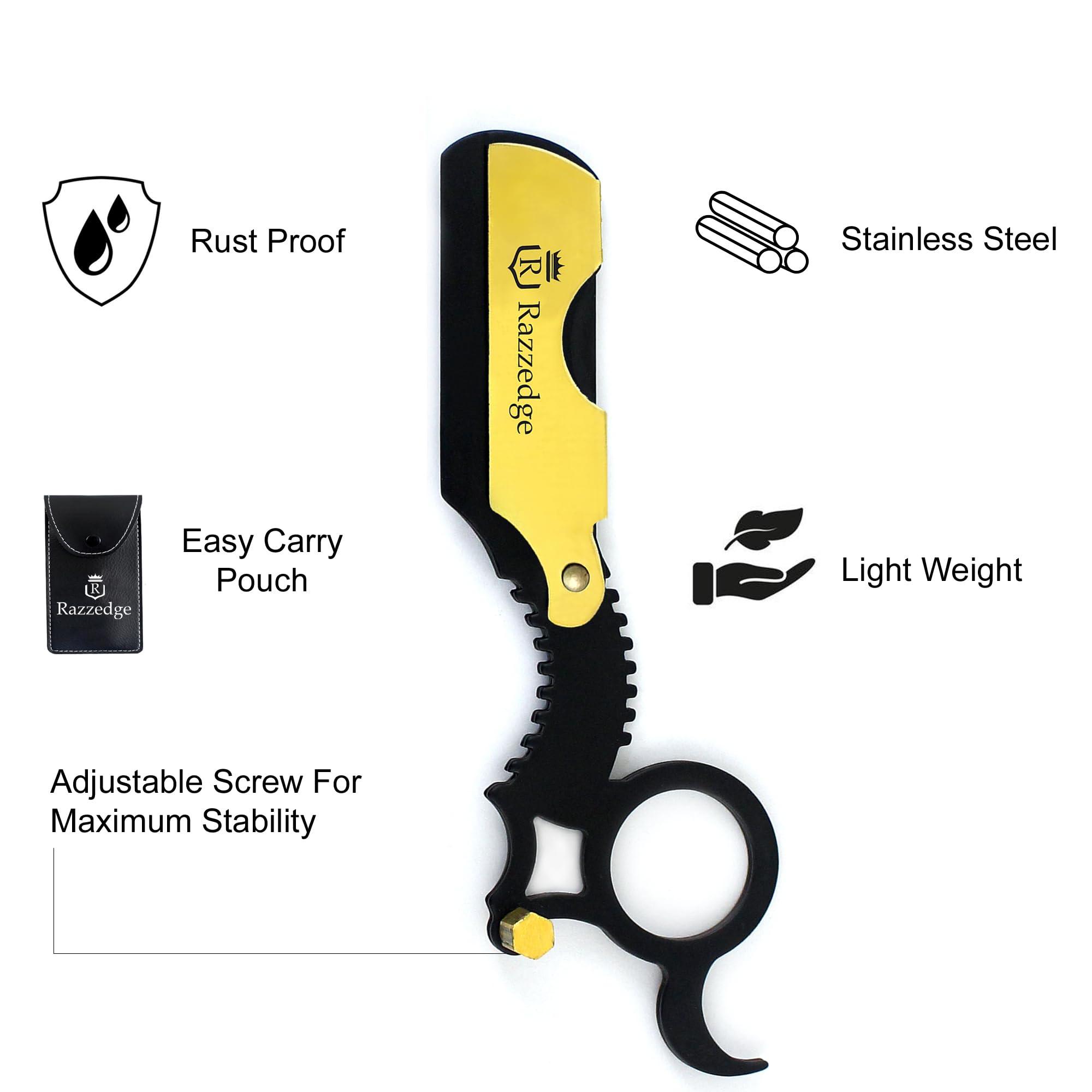 RAZZEDGE RAZZEDGE - Professional Straight Razor, Shaving Razors for Men Beard Cut Throat Black Gold Finger Barber Razor with 10 Single Edge Shaving Blades