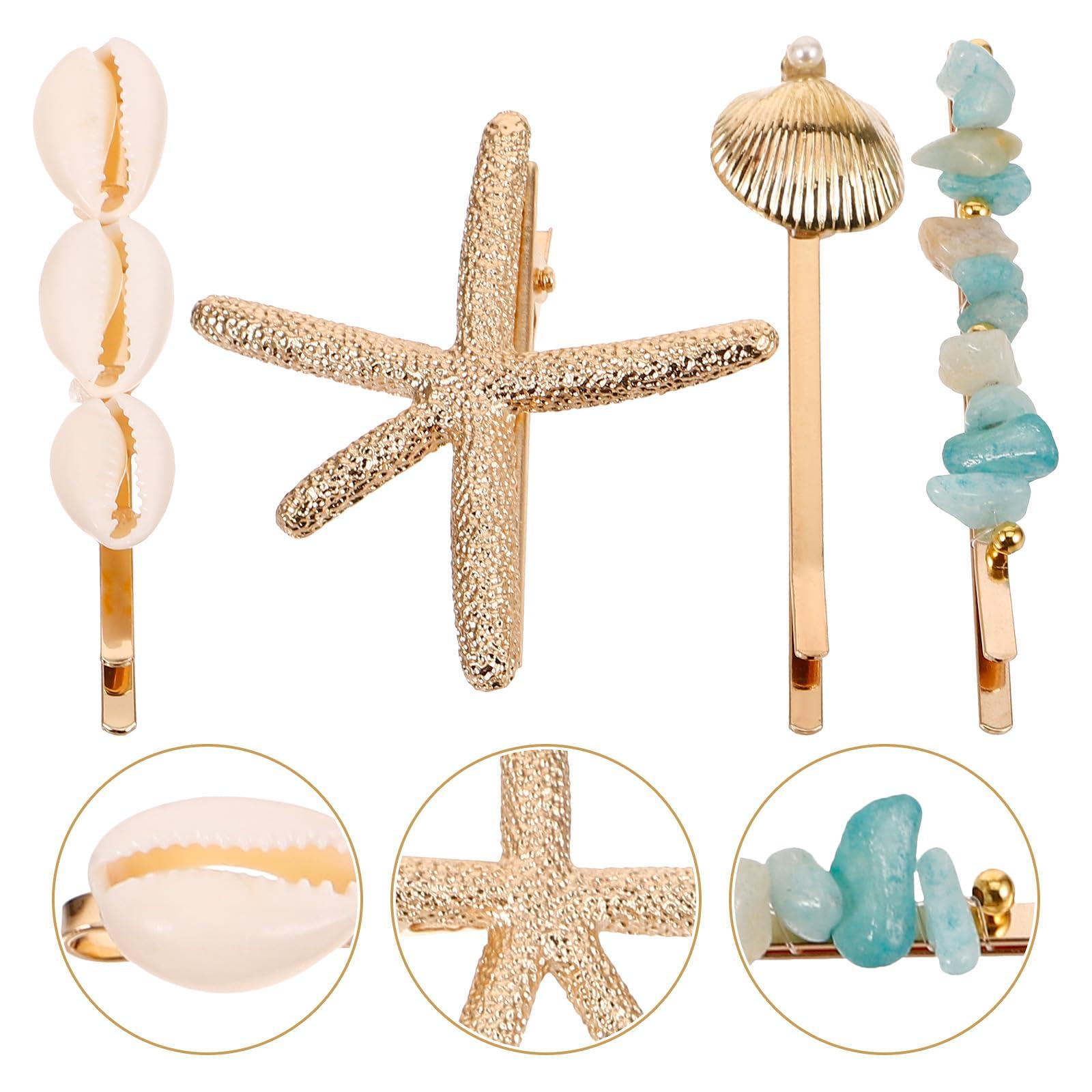 LOGOFUN LOGOFUN 4Pcs Ocean Themed Hair Clip Glitter Seashells Starfish Hairpins Metal Seashell Starfish Hair Styling Tools for Women Girls Summer Holiday Beach Theme Theme Party Hair Accessories