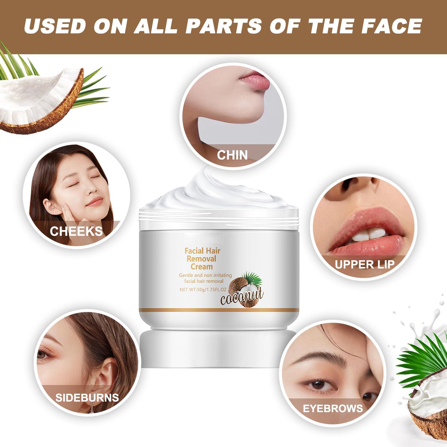 taduno taduno Facial Depilatory Cream, Coconut Facial Hair Removal Cream for Upper Lip and Chin for Women, Womens Facial Hair Remover for Sensitive Skin, Gentle and Non-irritating(2PCS)