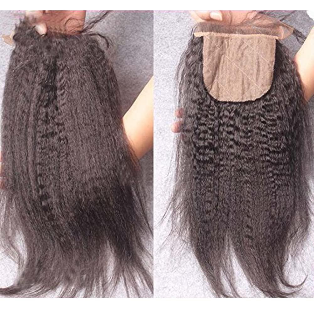 Nicewig Silk Base Top Closure Yaki Straight Bleached Hidden Knots Free Part 4x4\" Fake Scalp Lace Closure With Baby Hair Unprocessed Virgin Kinky Straight Human Hair Closure 14\"inch