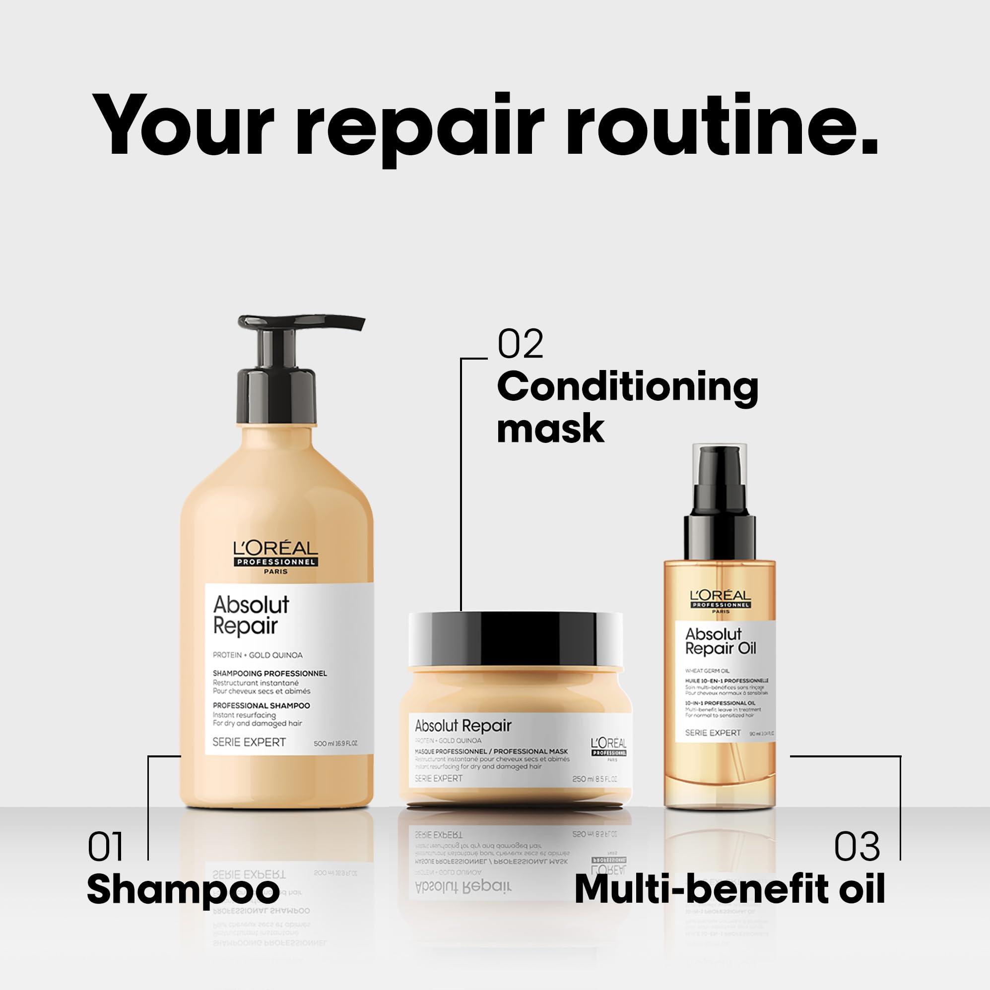 L'OREAL PROFESSIONNEL PARIS L\'Oreal Professionnel Absolut Repair Shampoo, Conditioner & Hair Mask Set - Protein Hair Treatment For Dry, Damaged Hair, Repairs Damage & Provides Shine With Quinoa & Proteins