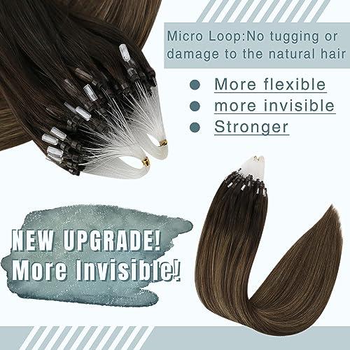 Fshine Fshine Real Micro Ring Balayage Hair Extensions Human Hair 16 Inch 50g Micro Loop Hair Extensions Dark Brown Fading to Color 6 Middle Brown Highlight with Dark Brown Remy Straight Micro Loop Hair