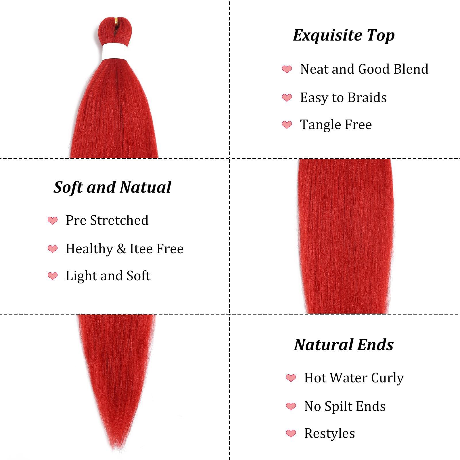 UPruyo UPruyo Red Pre Stretched Braiding Hair Kanekalon Red Braiding Hair Pre Stretched Synthetic Hair Extensions for Braiding Box Braids Long Yaki Knotless Micro Prestretched Braiding Hair 26 inch
