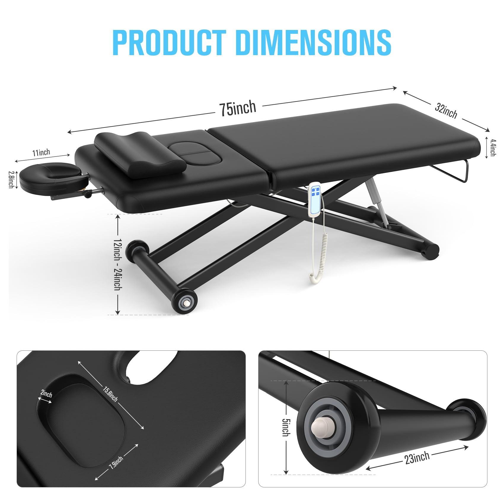 Fulocseny Electric Massage Bed with Adjustable Height and Backrest, Electric Massage Table for Treatment, Physical Therapy and Spa Facial Bed, 2 Motor, Hydraulic Equipment, Remote Control, 32 W x 75 L, Black