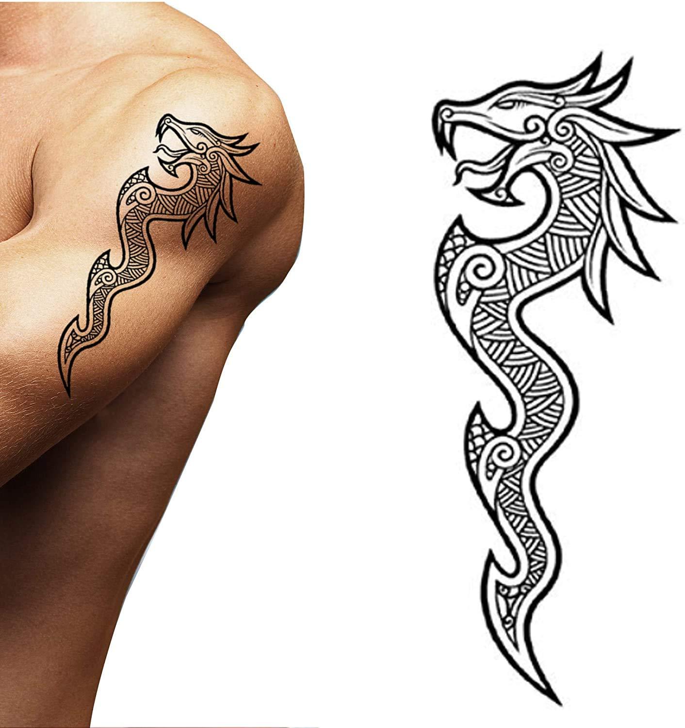 Tatodays Tatodays 2x Temporary tattoo viking dragon arm back body art stickers nordic celtic tribal middle ages medieval full adults men women arm leg sleeves fancy dress cosplay