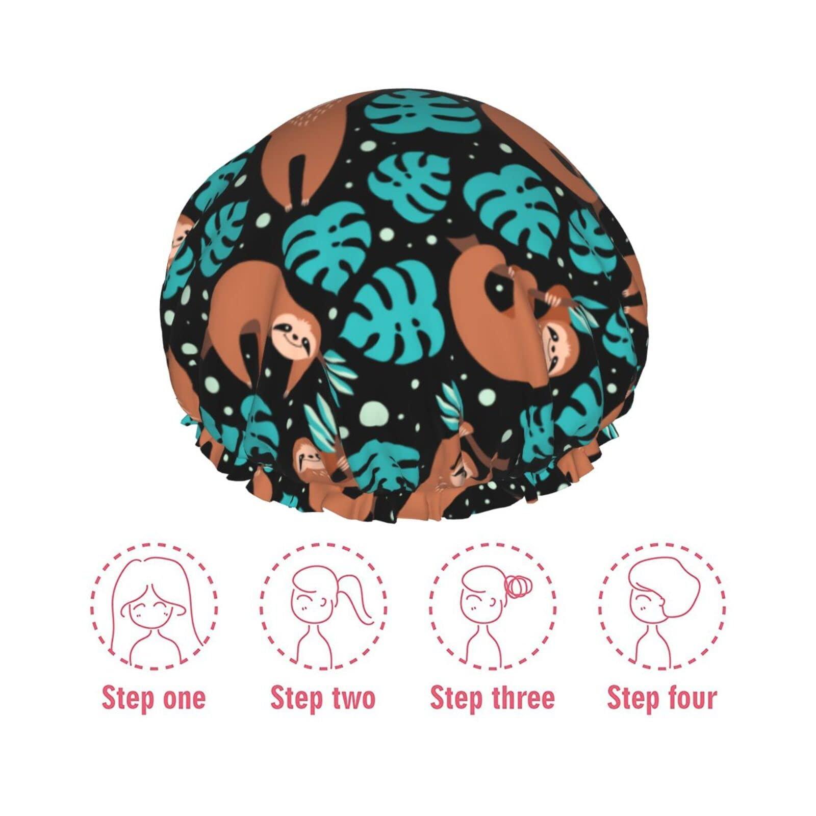 IDNUYIA Cute Sloth Shower Cap For Women, Layers Bathing Shower Reusable Elastic Band Stretch Hem Hair Hat
