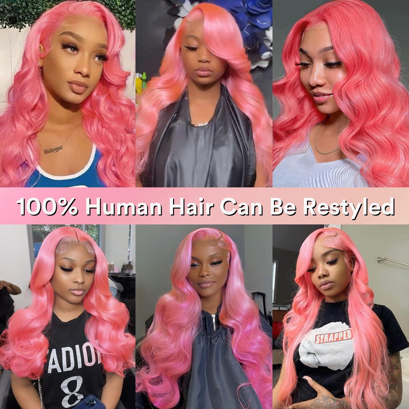 Boyusijf Pink Lace Front Wig Human Hair 13x4 HD Transparent Lace Front Body Wave Pink Wigs Human Hair for Women Pink Human Hair Lace Front Wig 180% Density Pre Plucked with Baby Hair Colored Wig 22 Inches