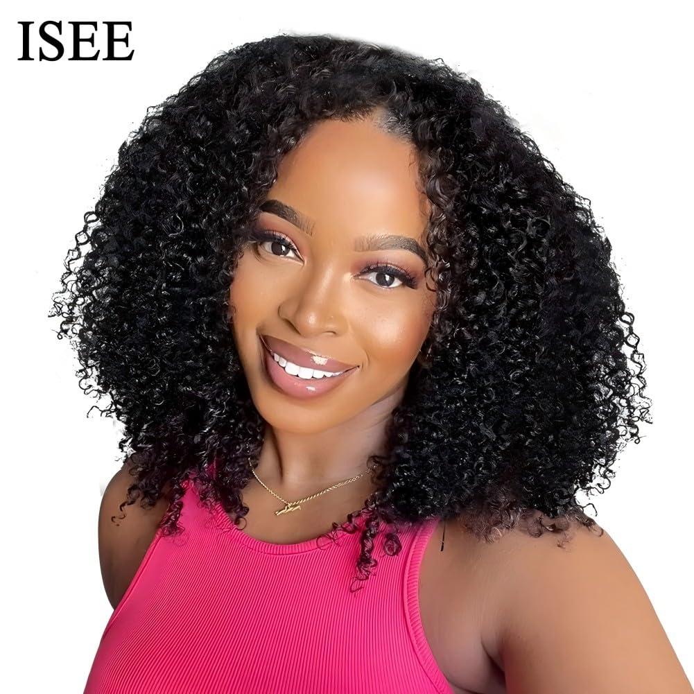 ISEE ISEE V Part Wig Human Hair Curly Minimal/No Leave Out Upgrade U Part Wig for Black Women Human Hair V Shape Wig Kinky Curly Thin Part Glueless Clip In Half Wig 180% Density Natural Color 26 Inch