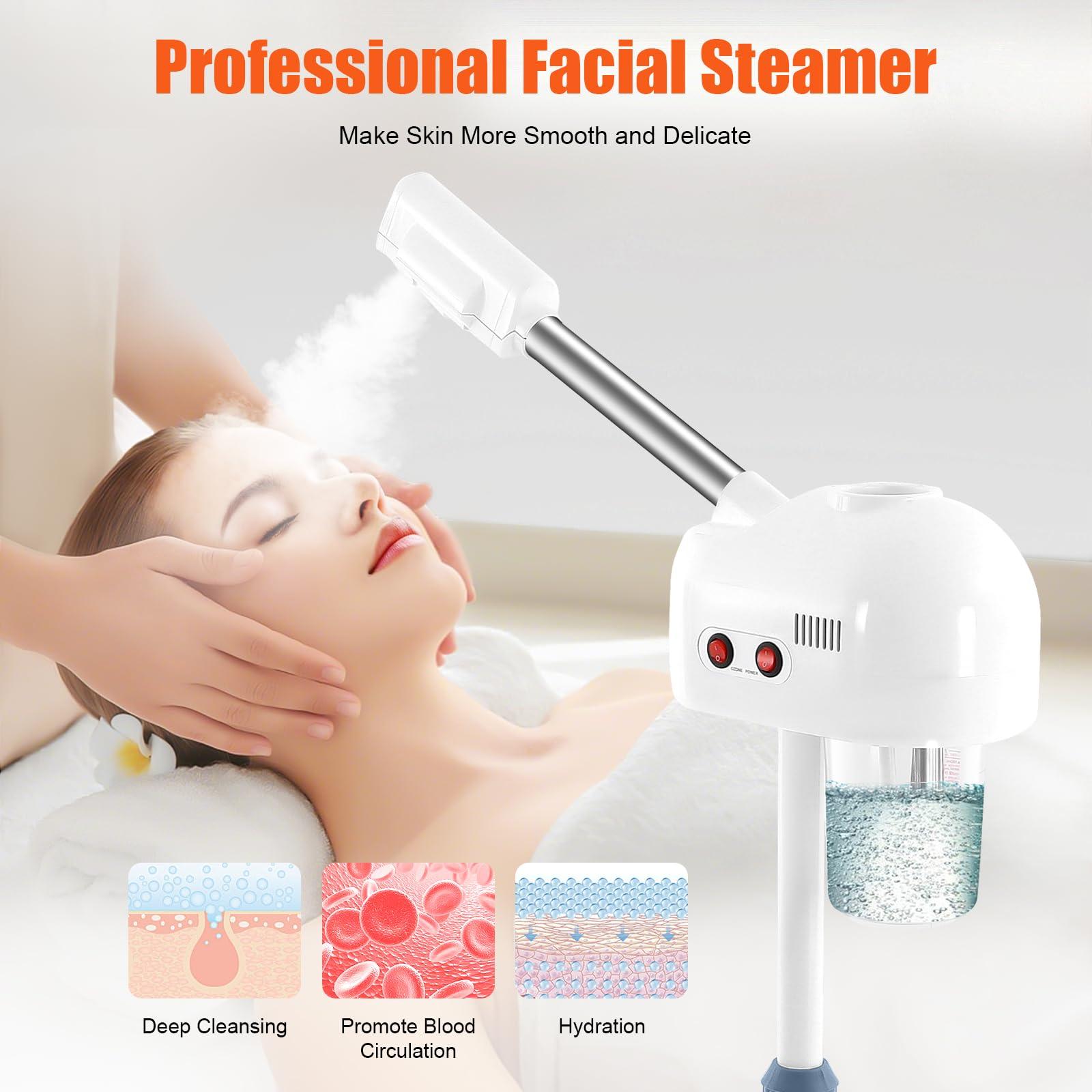 KeruRome Face Steamer for Facial Deep Cleaning Professional, Stand Facial Steamer with Hot Mist and 360 Rotatable Nozzle, Facial Steamers Home Facial Spa, Steamer Esthetician for Salon, Spa, White