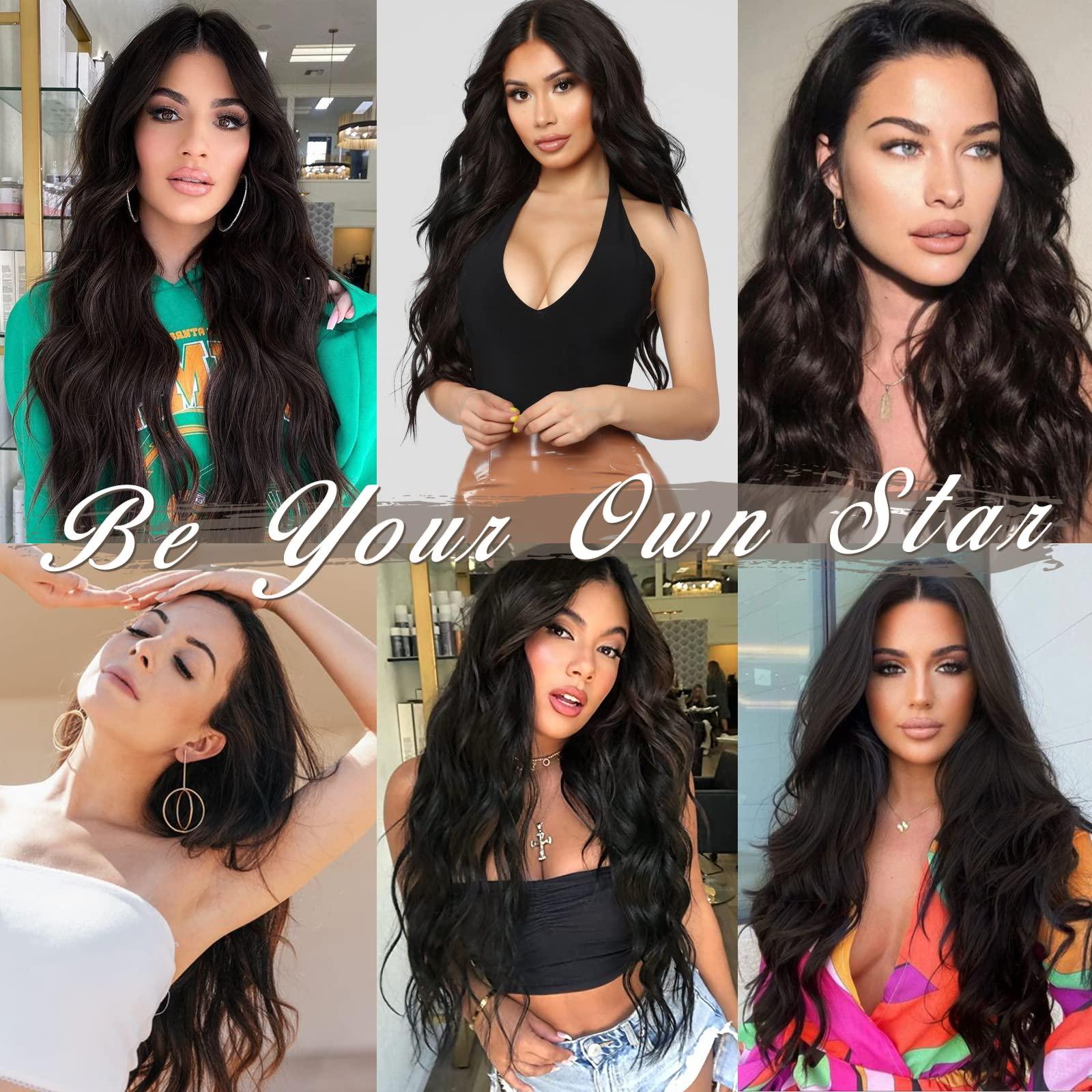 BARSDAR BARSDAR Black Brown Clip in Hair Extensions- 20 Inch Long Wavy Clip in Hair Extensions for Women - 5PCs Thick Soft Synthetic Clip in Hairpieces Daily Party Halloween - Black Brown