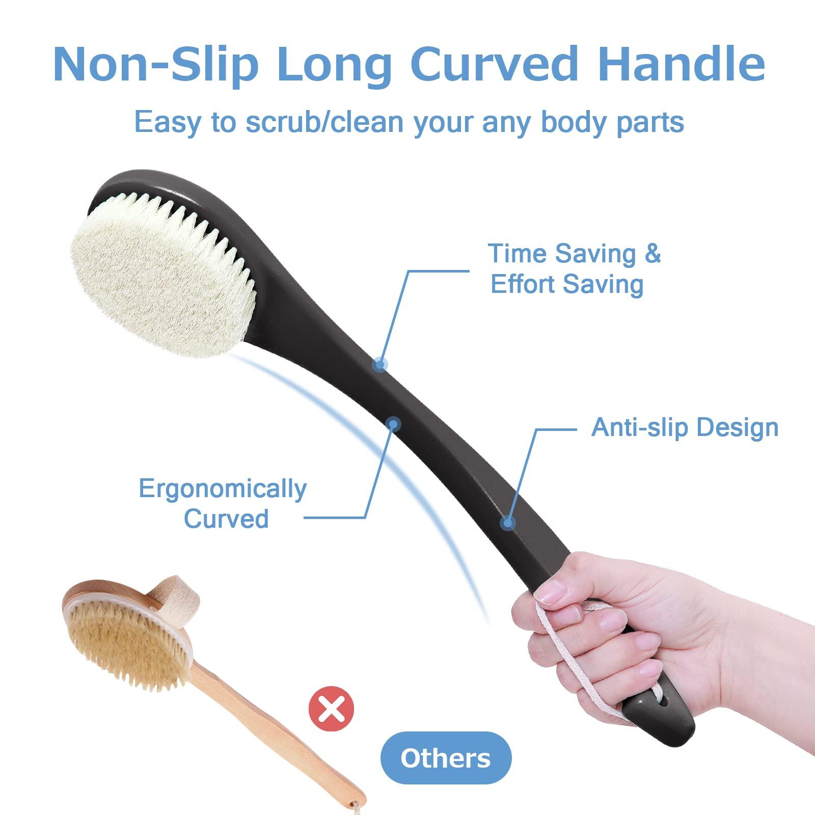 VANZAVANZU Exfoliating Shower Brush, Bath Body Brush, Never Mold Back Brush Long Handle for Shower, Dry Brushing Body Brush or Wet Brush with Moderate Bristles Black