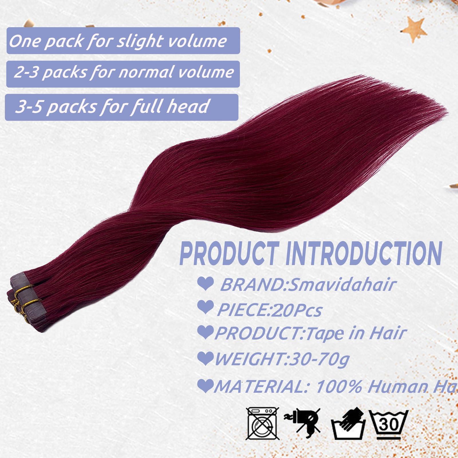 Smavida Dark Wine Human Hair Extensions 22" Long Straight Burgundy Tape in Extensions 60grams 20pcs Silky Tape Remy Hair Extensions, Color #99J