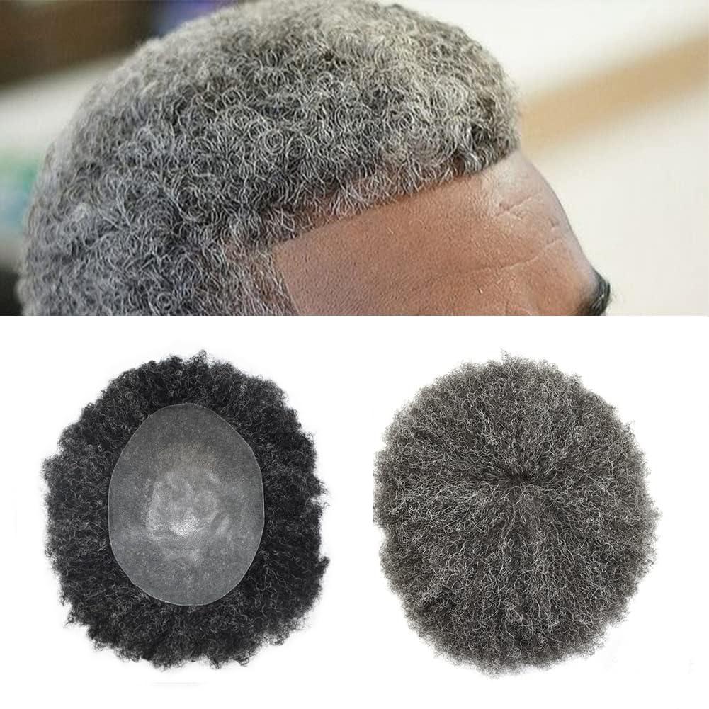 Generic Afro Toupee for Black Men Weave Units Full Poly PU African Americna Men Wigs Hand Tied Human Hair Replacement System Afro Kinky Curls Mens Toupee (6MM Wavy, 140# Jet Black With 40% Synthetic Gray)
