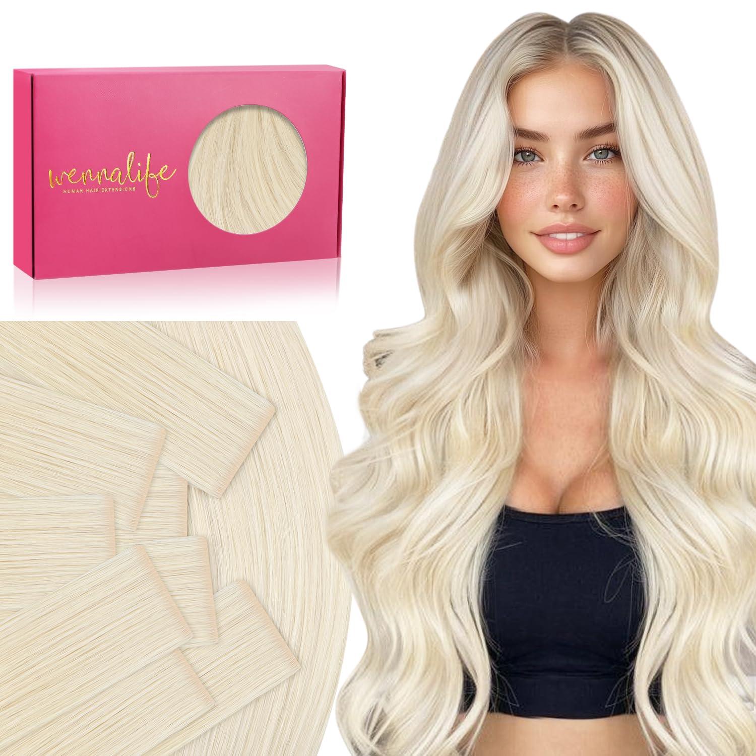 Wennalife WENNALIFE Invisi Edge Tape in Hair Extensions Human Hair, 22 Inch 50g 20pcs Platinum Blonde Invisible Luxury Remy Hair Extensions Natural Seamless Injected Tape Ins Straight Extensiones De Cabello