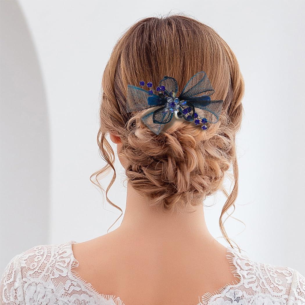 Yokawe Yokawe Flower Hair Barrettes Bride Wedding Hair Clips Blue Crystal Hairpin Floral Prom Hair Accessories for Women Girls (A)