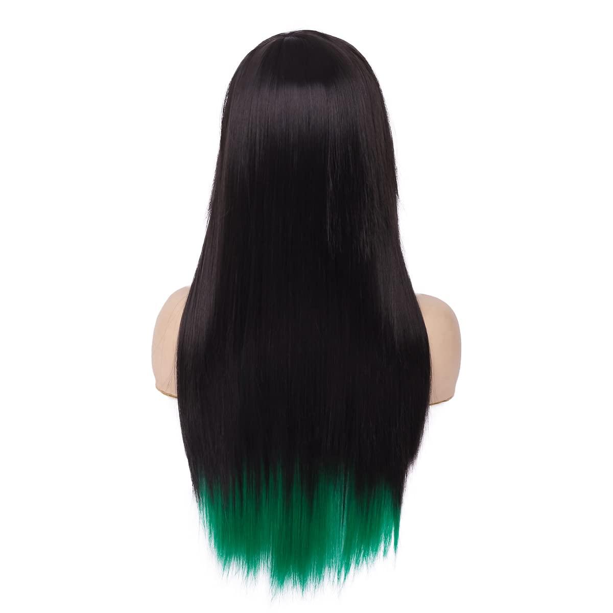 Baruisi Baruisi Long Straight Black Green Wig Silky Synthetic Heat Resistant Side Bangs Halloween Costume Hair Wigs for Women Girls