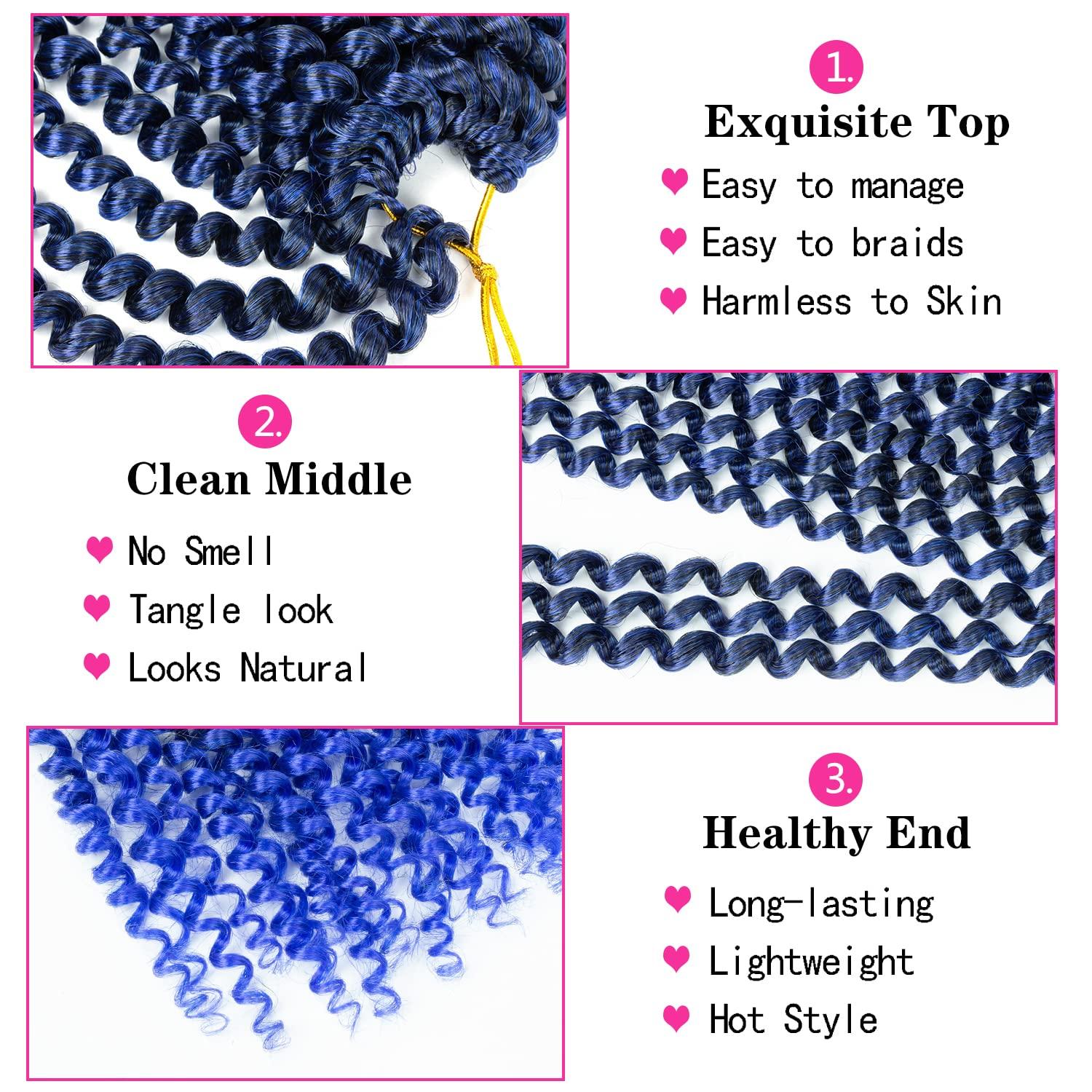 Ubeleco 14 Inch Ombre Blue Passion Twist Hair, Water Wave Crochet Hair For Women Passion Twist Crochet Hair 22 Strands/Pack Bohemian Synthetic Curly Braiding Hair Extensions (14 Inch (Pack of 7),1B/Blue)