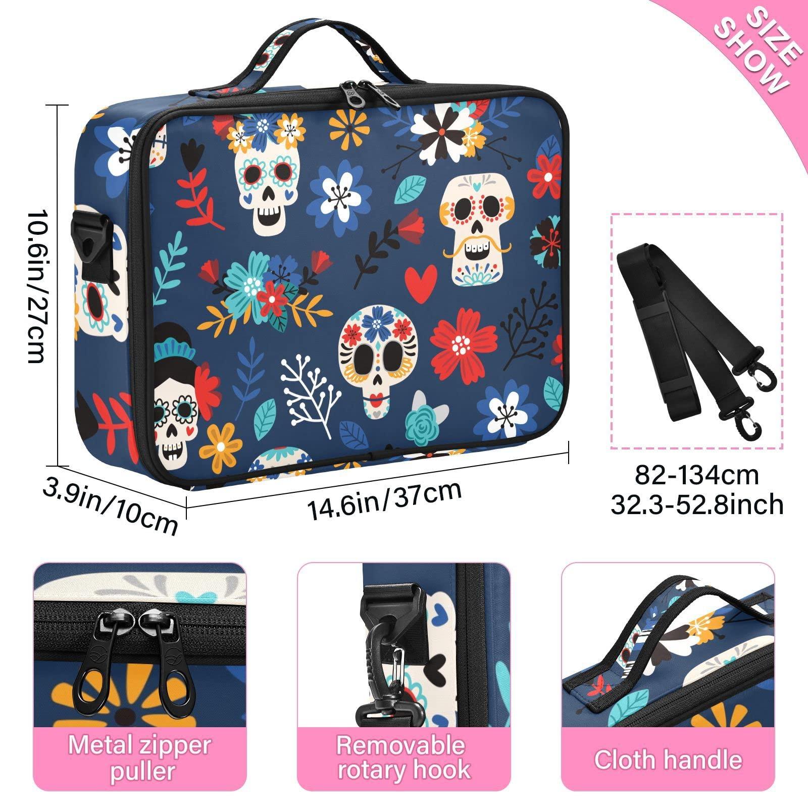 QwThum QwThum Travel Makeup Train Case Large Makeup Bag Cosmetic Organizer Box Professional Artist Cosmetic Organizer Box with Adjustable Dividers Shoulder Strap Some Blue Skull